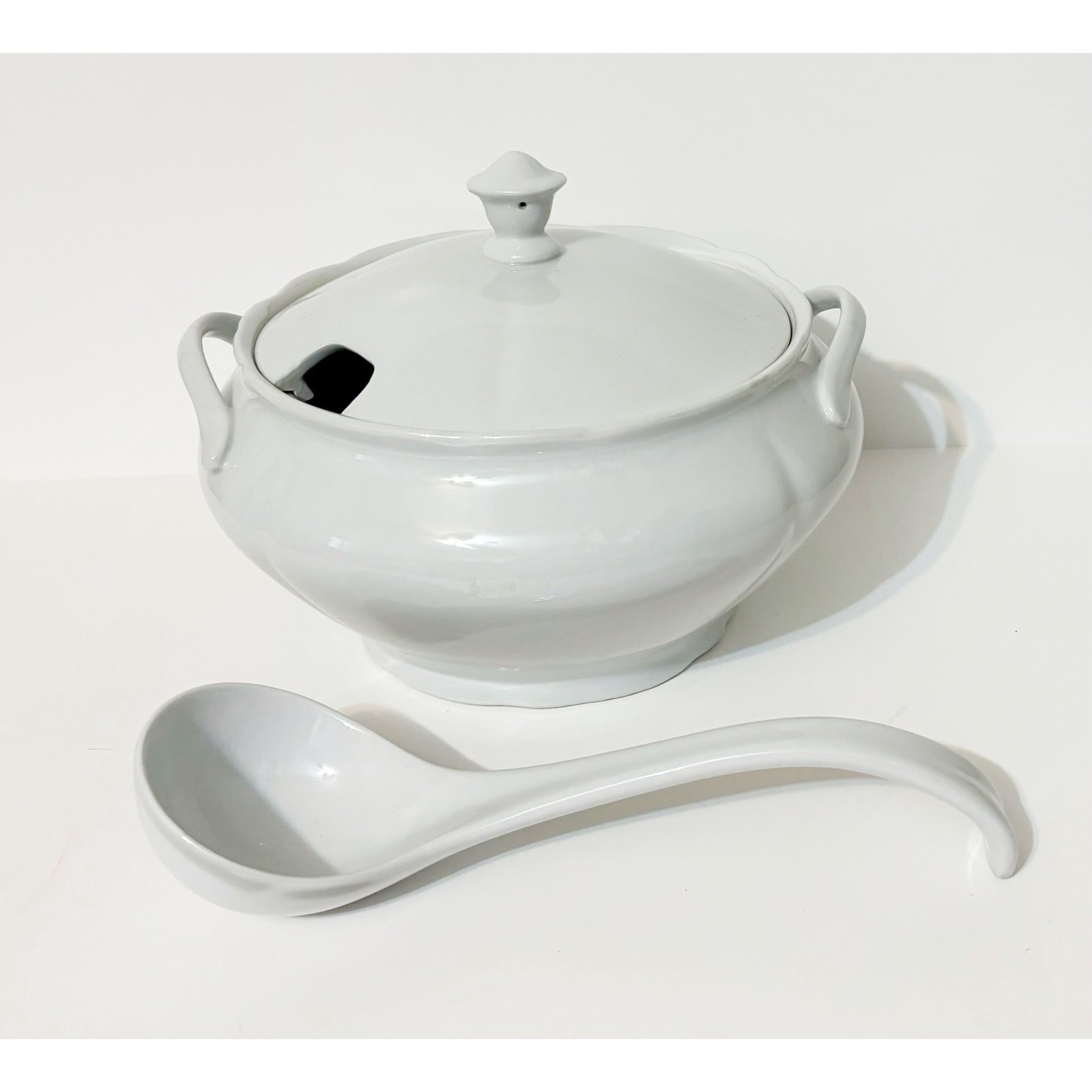 White Tureen w/Handles & Ladle, Casserole Dish, Ironstone or Porcelain, 3 Piece