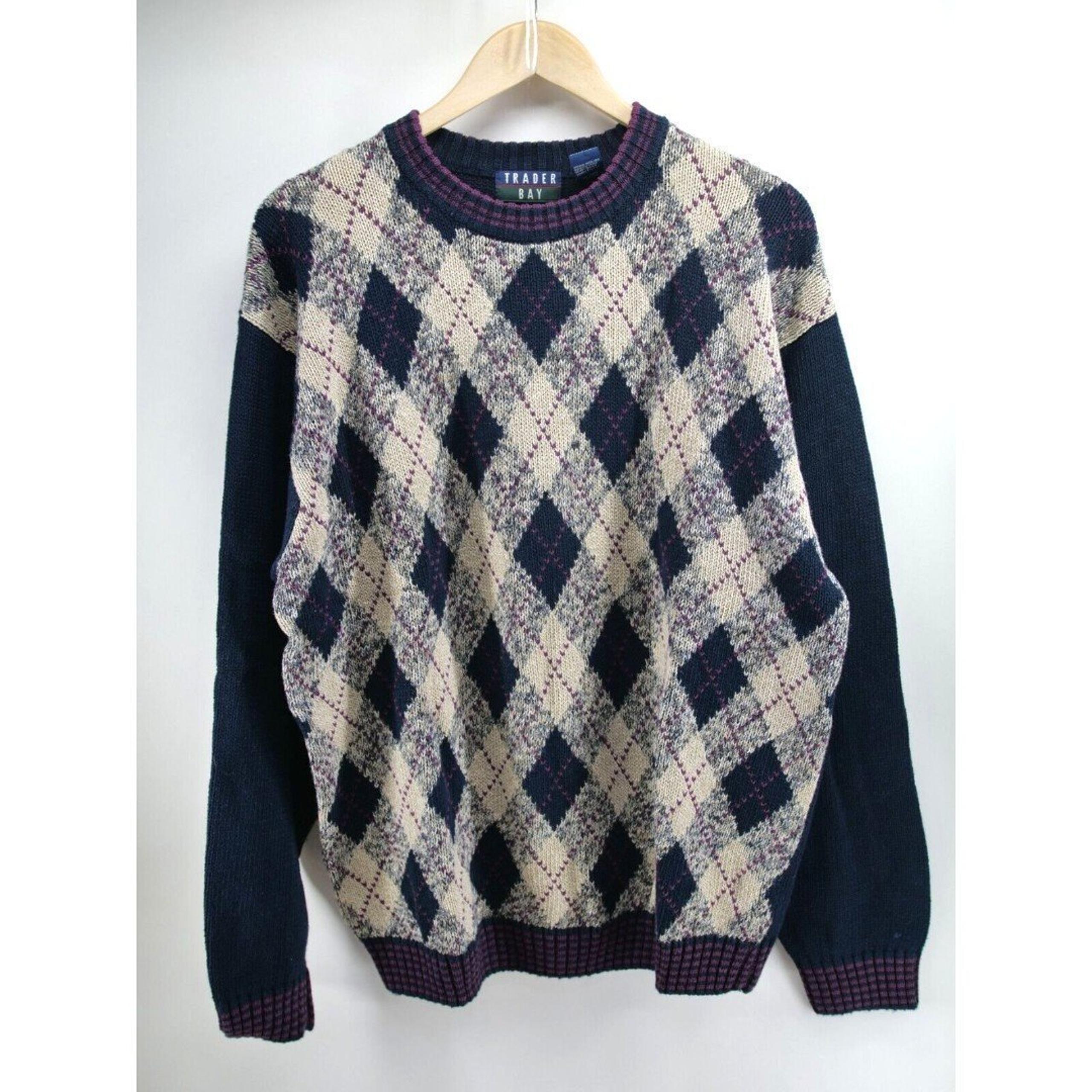 Vintage Trader Bay Knit Sweater Men’s Large Argyle Blue Beige Hipster Cosby 90s