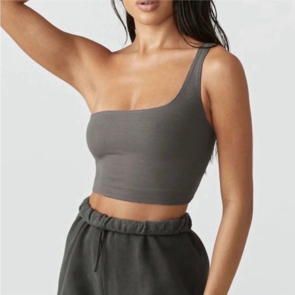 Joah Brown One-Shoulder Ribbed Crop Top