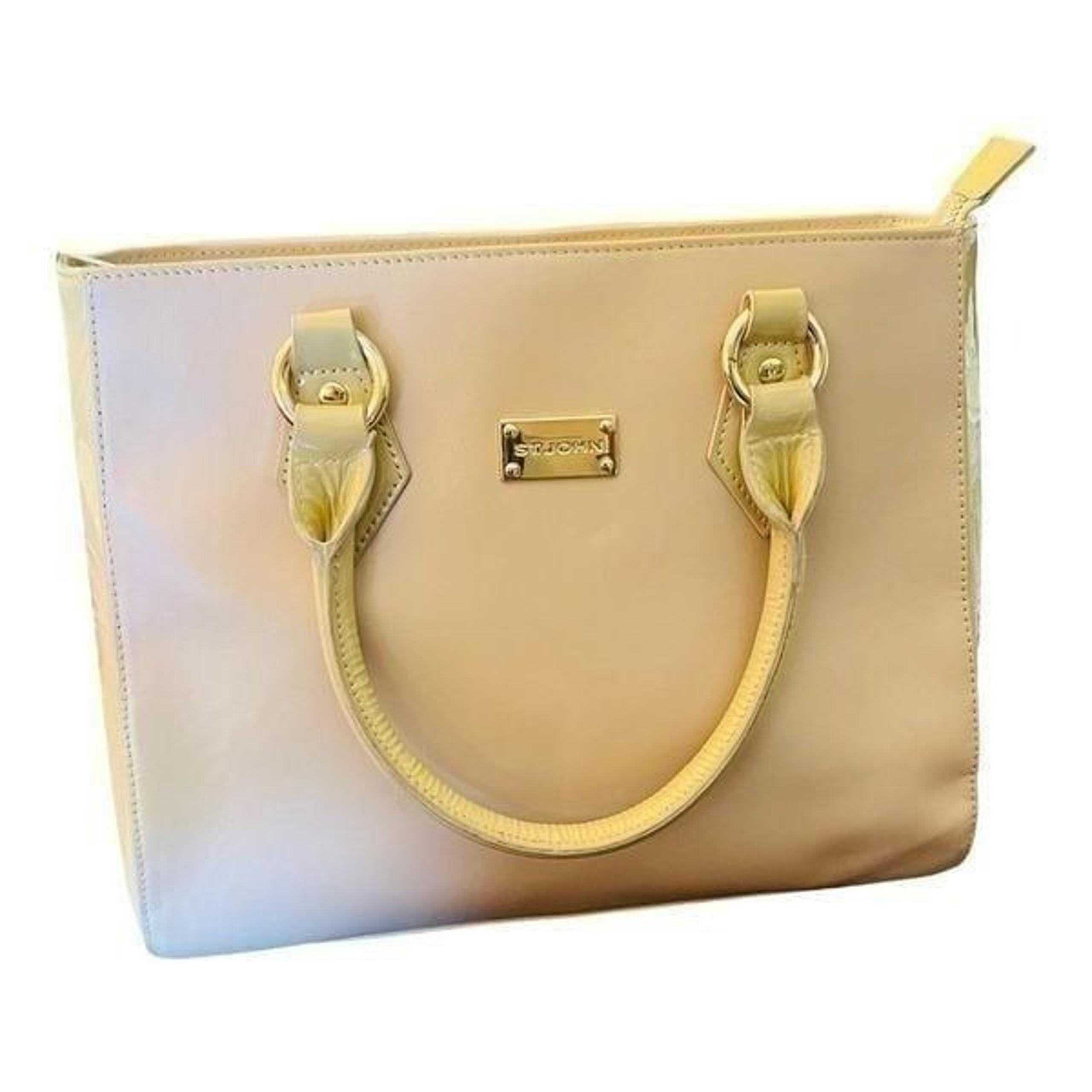 ST. JOHN Beige Two Tone Patent Leather Satchel Handbag has some paint transfer o