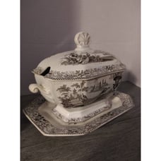 G. Phillips 1840s Transferware Peacock Pattern Creamer Lidded Bowl & Underplate