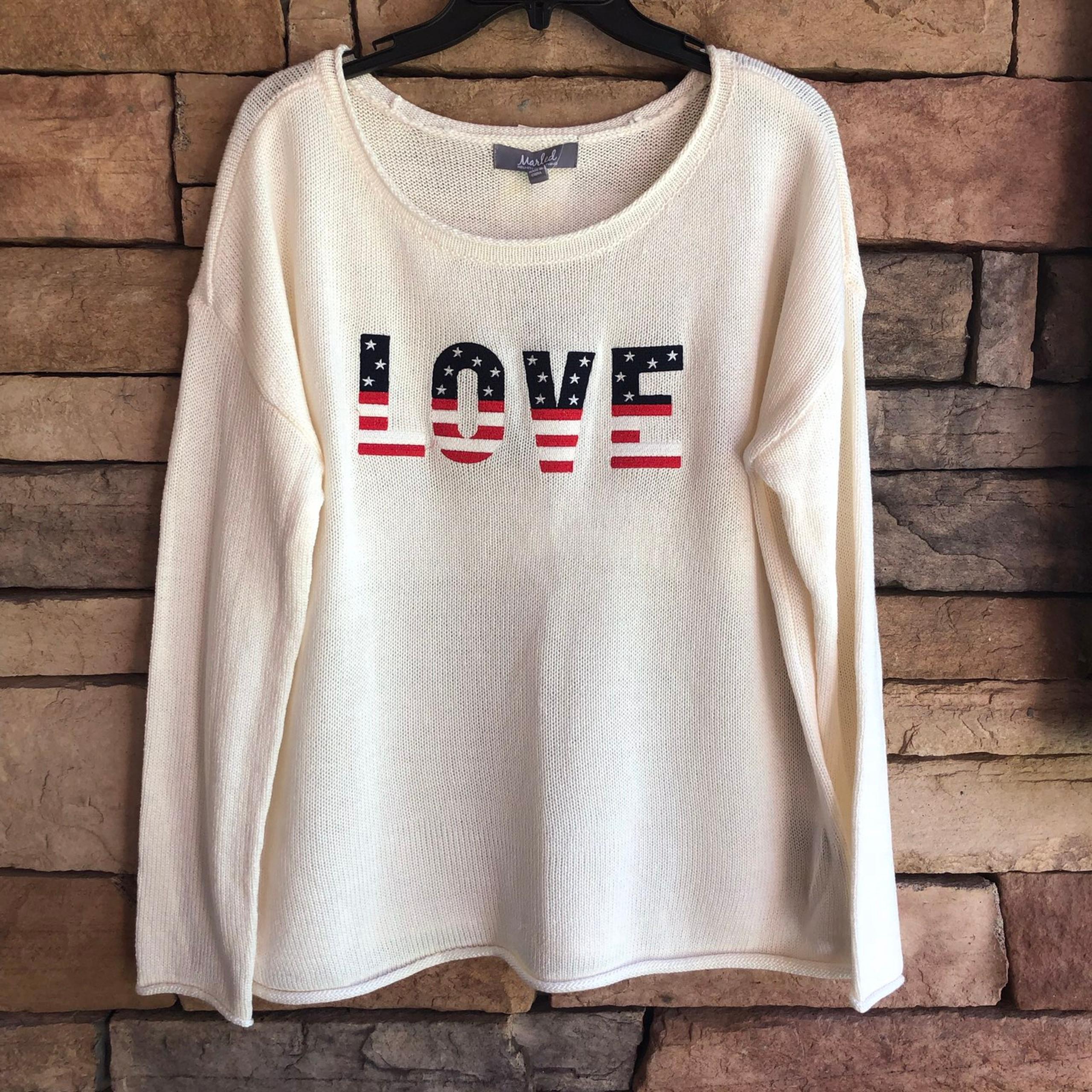 Marled ivory "LOVE" stars & stripes Patriotic sweater NWT Large