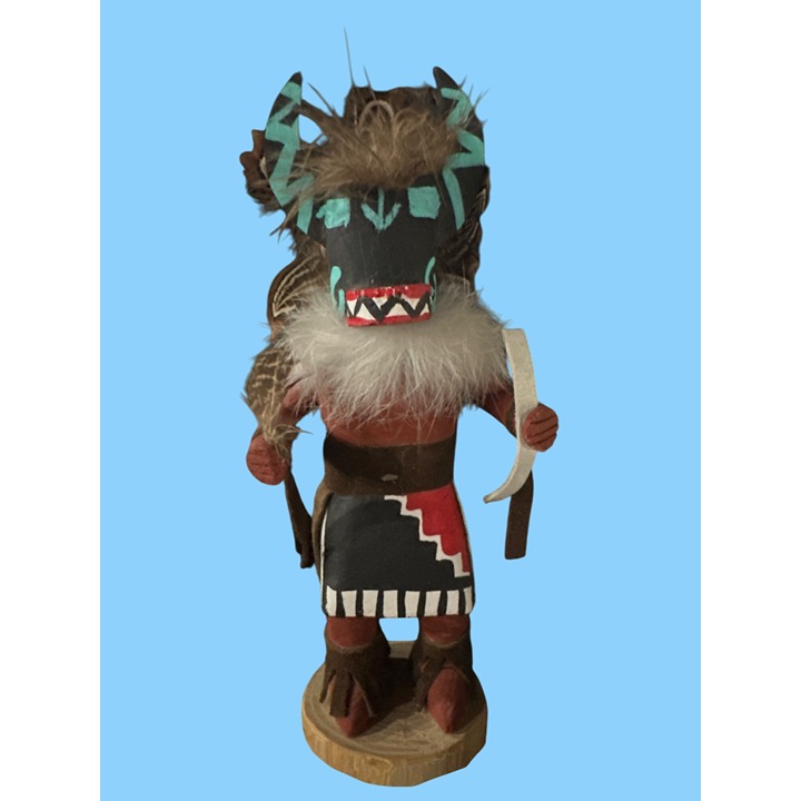 Handcrafted Wooden Kachina Doll With Feather Accents & Painted Details In Protec
