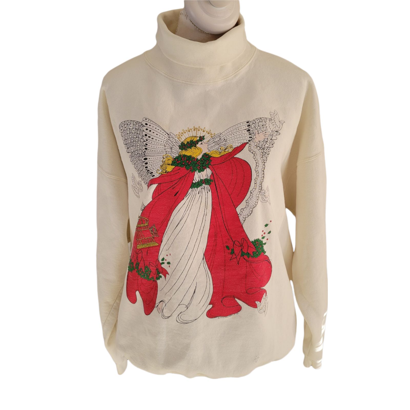 Vintage 80s Cream Grandmacore Graphic Christmas Sweatshirt Turtleneck XL