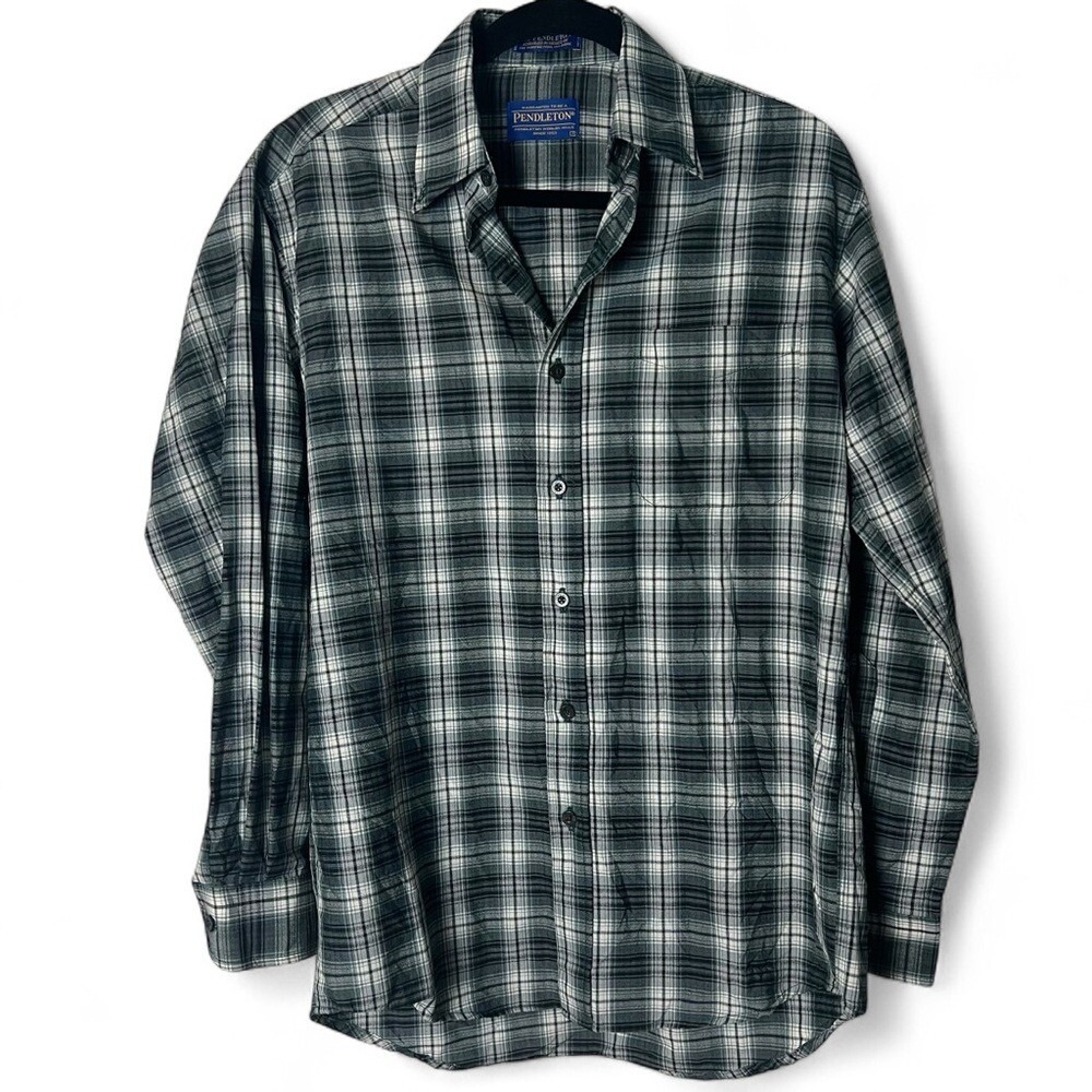 Pendleton - Men's Wool Plaid Button Down Shirt Green White - Sz. S