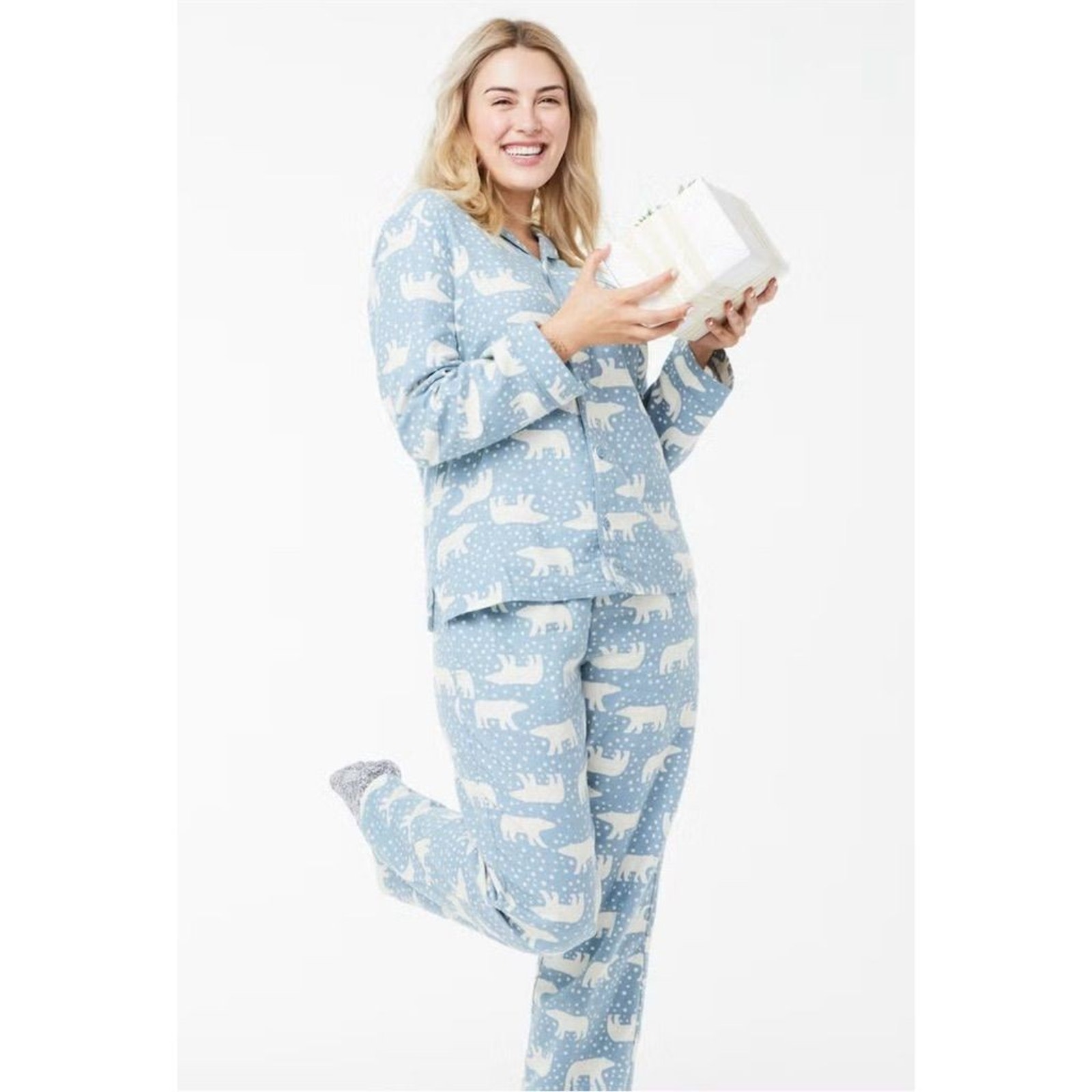 Hanna Andersson Women's M Blue Polar Bear Flannel Pajama Set Warm Cozy