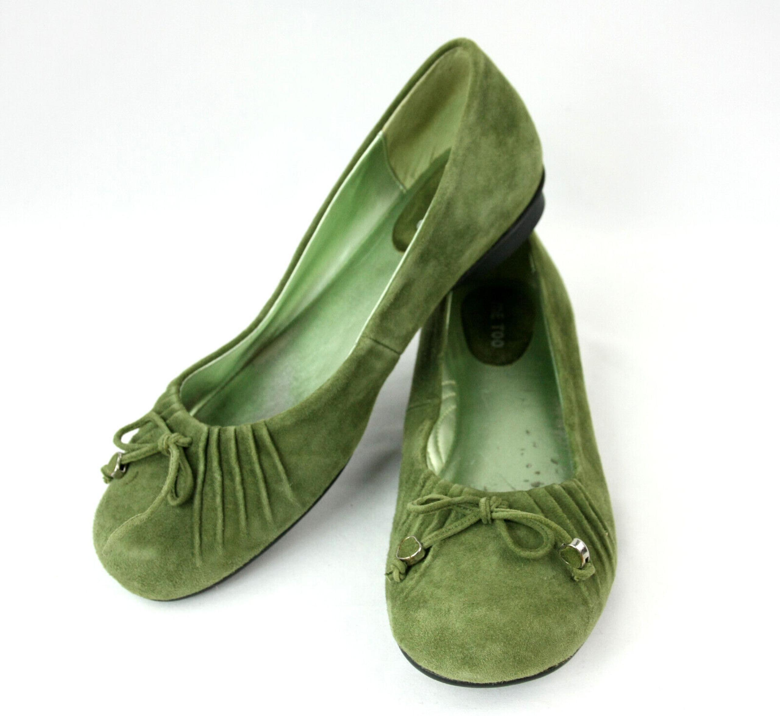 Me Too Sharpen Green Leather Suede Slides Ballet Flats Shoes Slip Ons w Bow 7.5