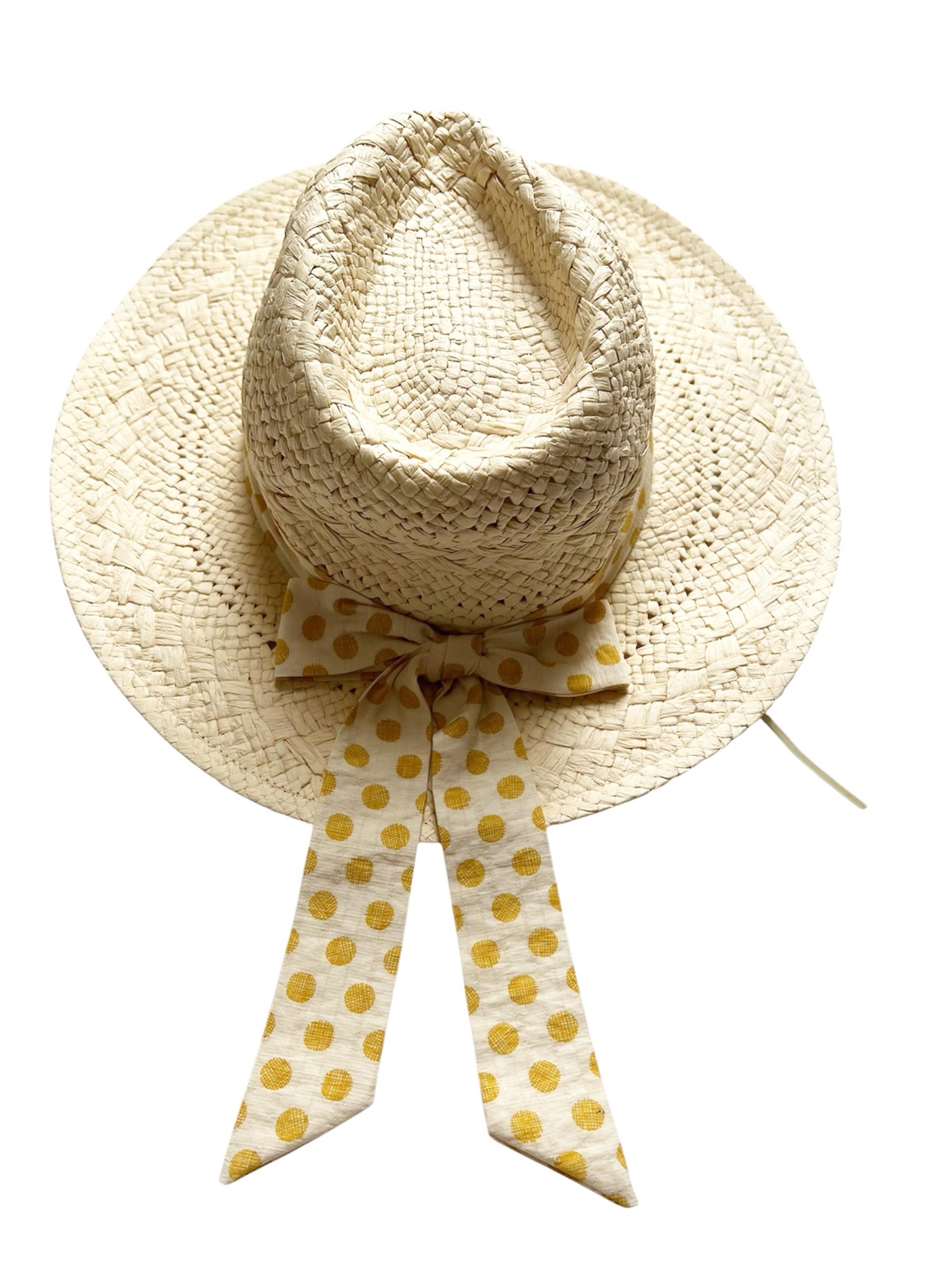 Anthropologie polka dot trimmed fedora Women's Hat natural straw color