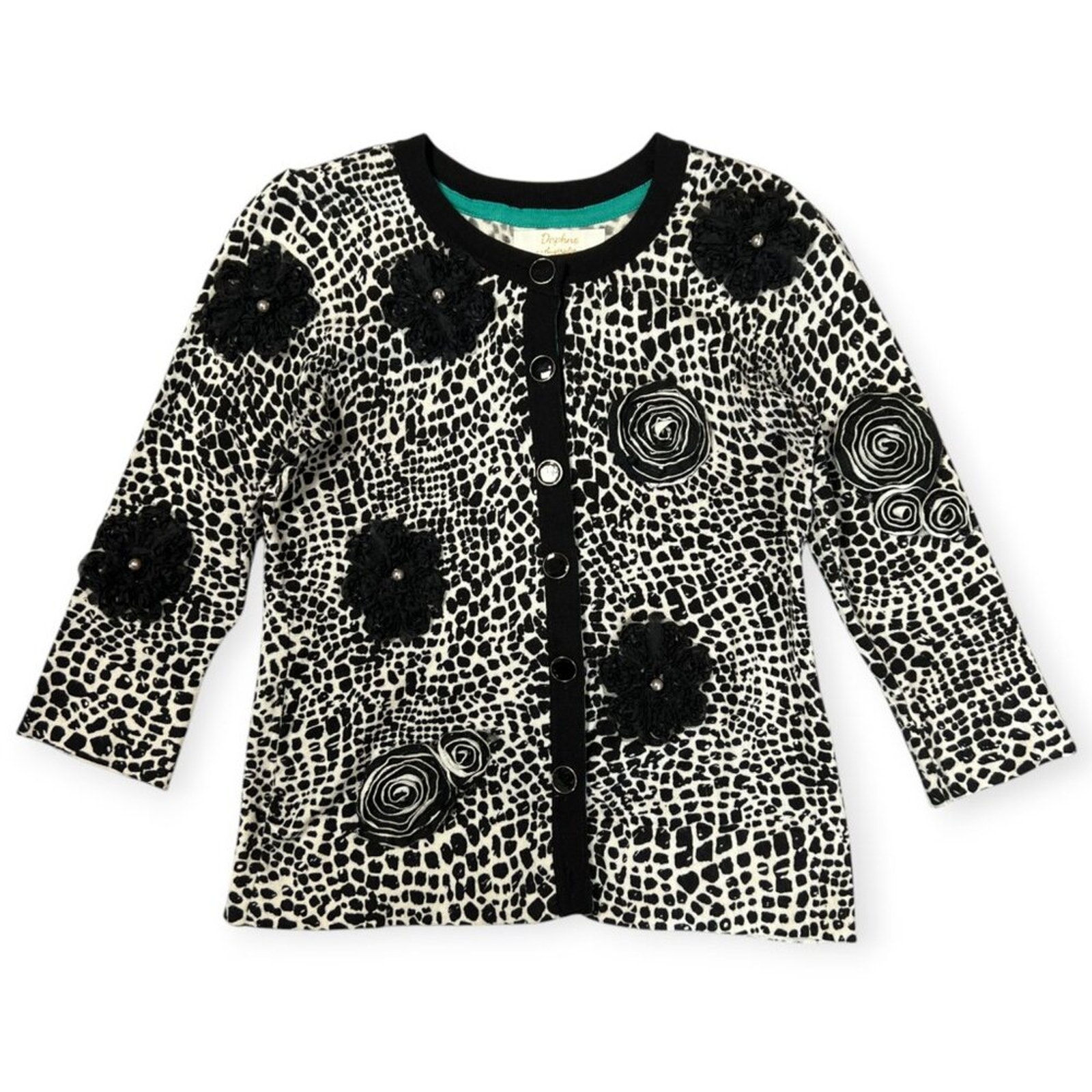 Daphne Australia Floral Applique Cardigan SIZE S 3D Lace Flowers LS Black White