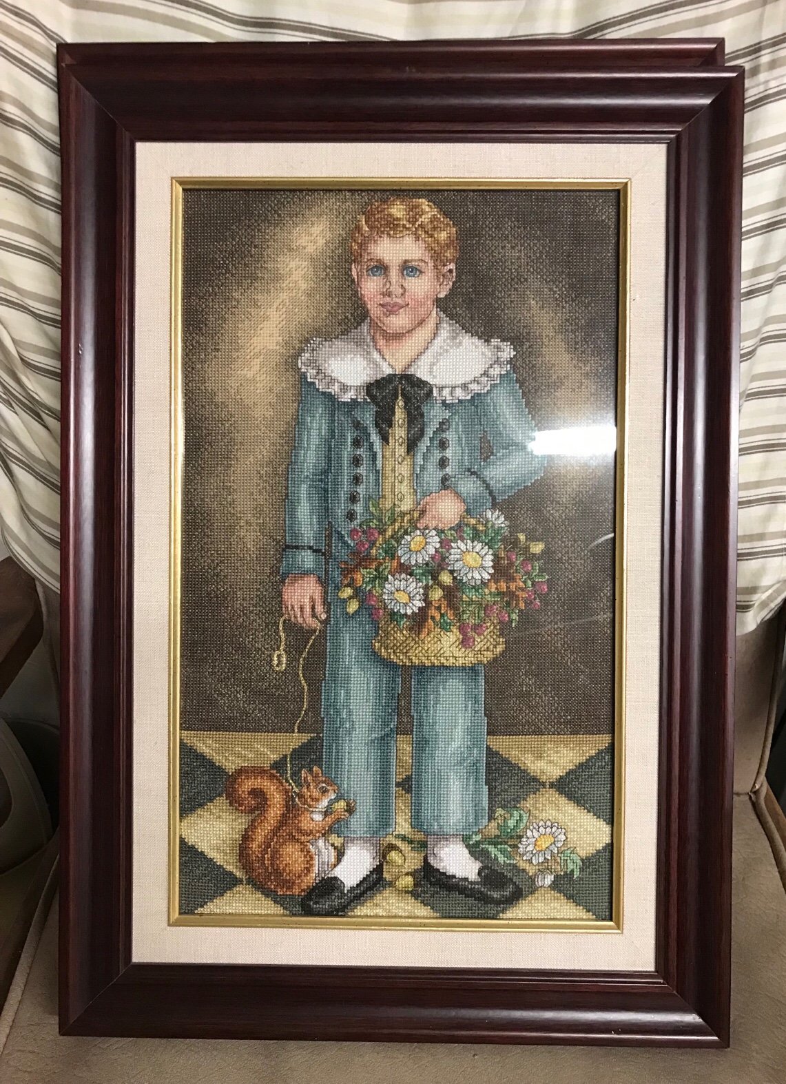 Vintage Handcraft Cross-Stitch European Child W/Bouquet Rabbit Wood Framed Cloth