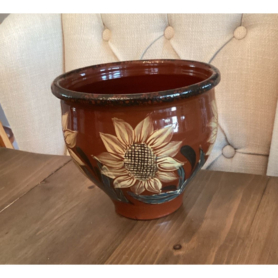 VINTAGE HAND THROWN RED CLAY HAND PAINTED FLOWER POT PLANTER 8” Diameter SIGNED
