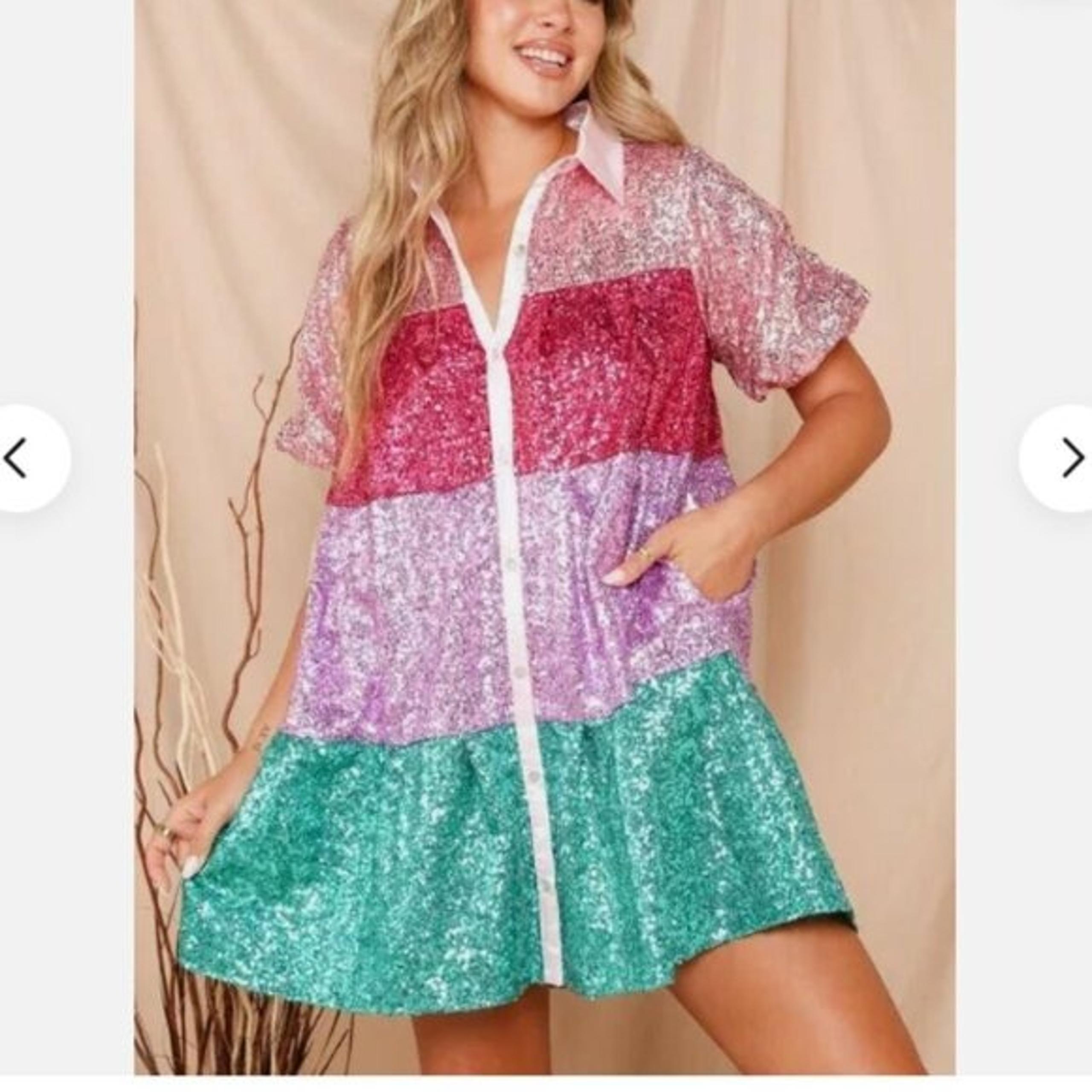 Peach Love California Dress Womens Size L Sequin Color Block Button Down