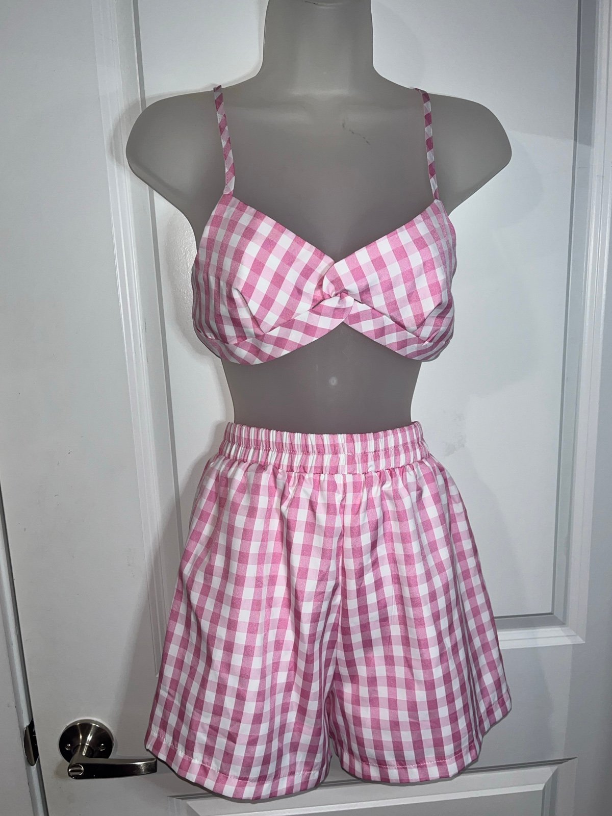 SHEIN Checkered Pink White Summer 2 Piece Set Bra Top and Shorts Size XS