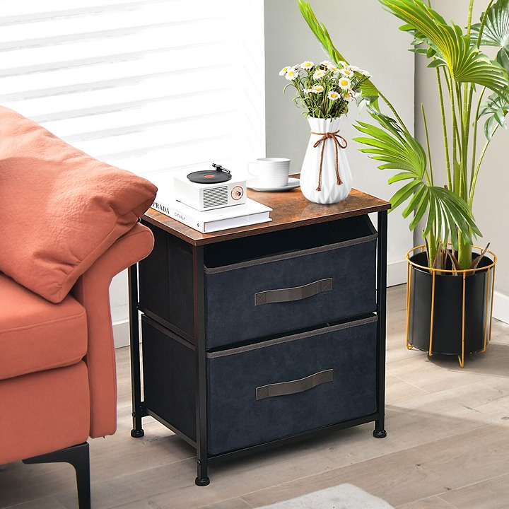 2-Drawer Dresser Bedside Table End Table, Rustic Brown