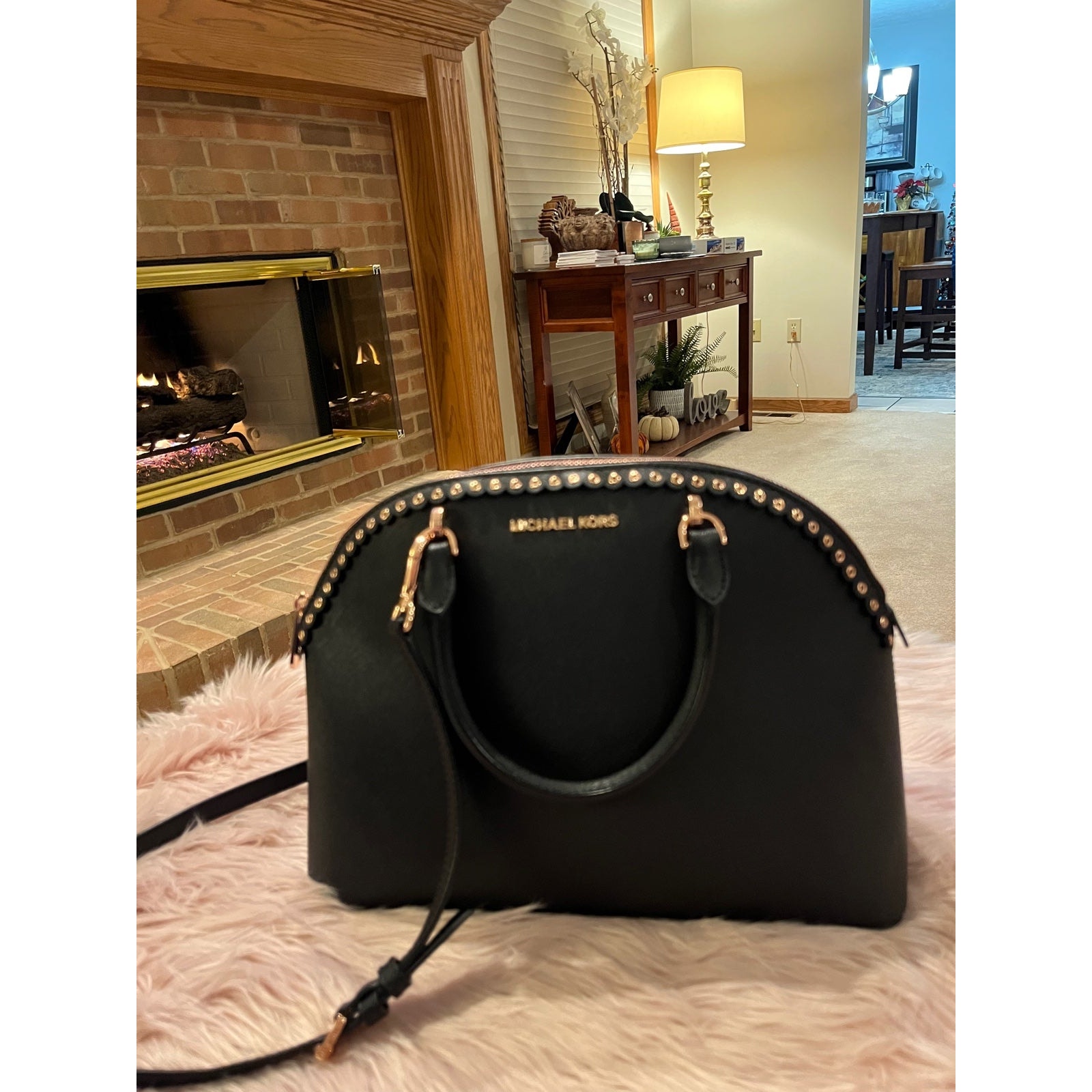 Michael Kors Emmy Dome Satchel Black and Rose Gold