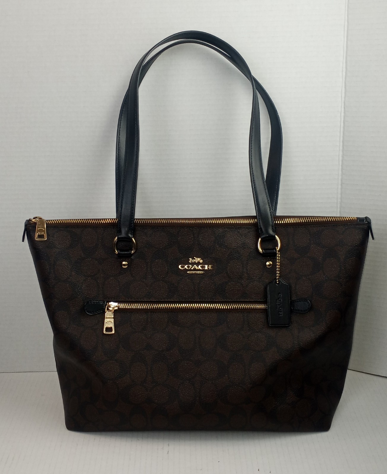 COACH F79609 Black Brown Signature Leather Shoulder Bag Tote Purse