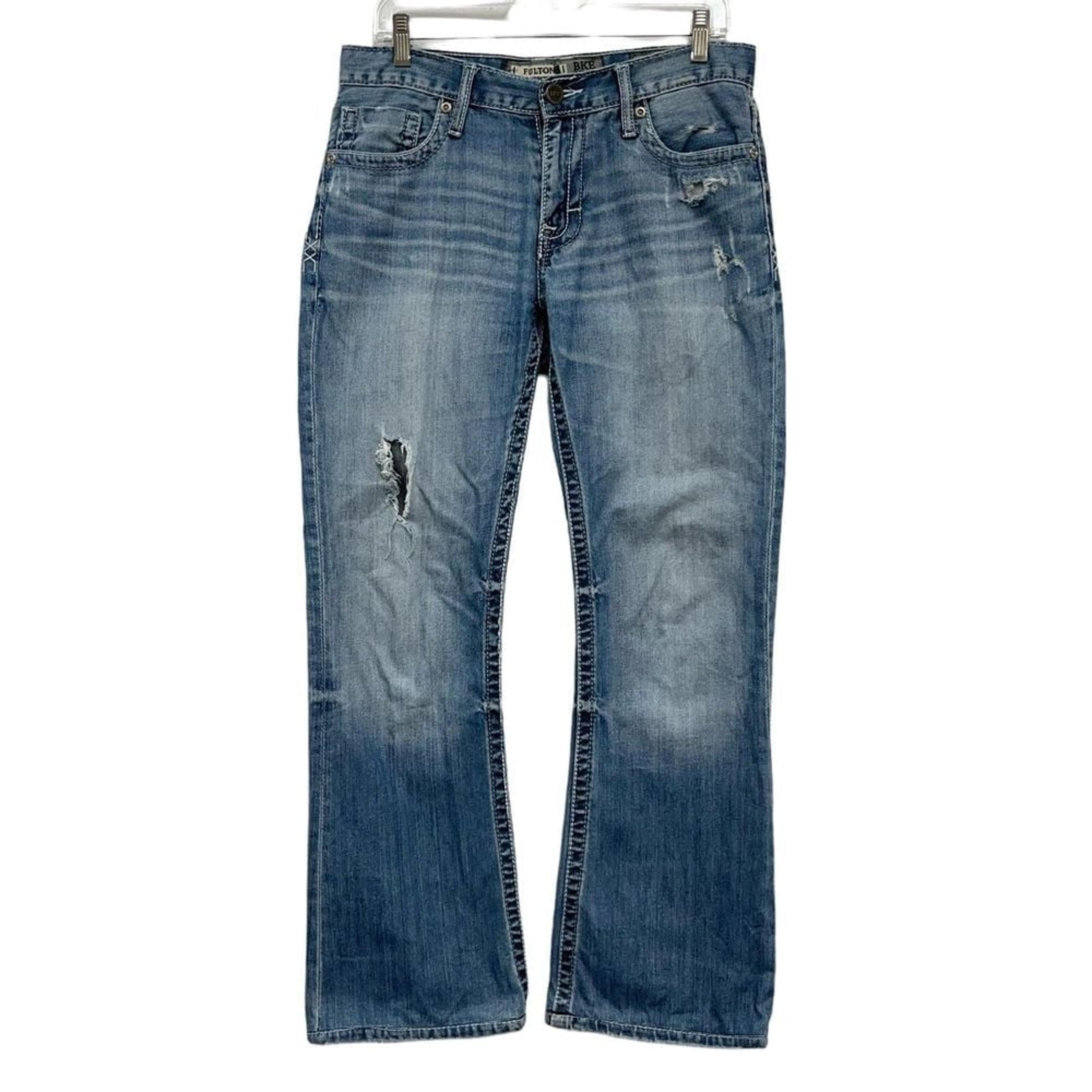 BKE Fulton Men's Medium Wash Bootcut Denim Distressed Jeans Size 31R guc - Buckle