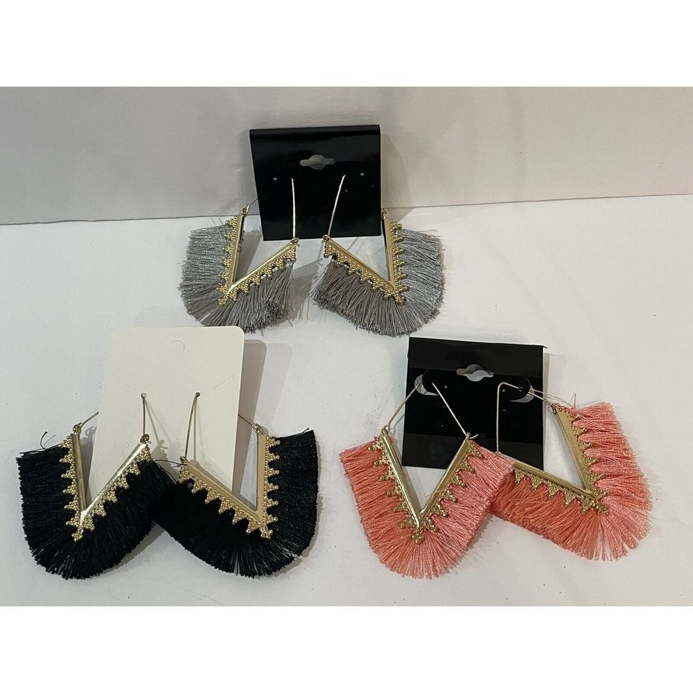 3- V Shape Tassel fringe silky dangle geometric earrings. Lightweight.