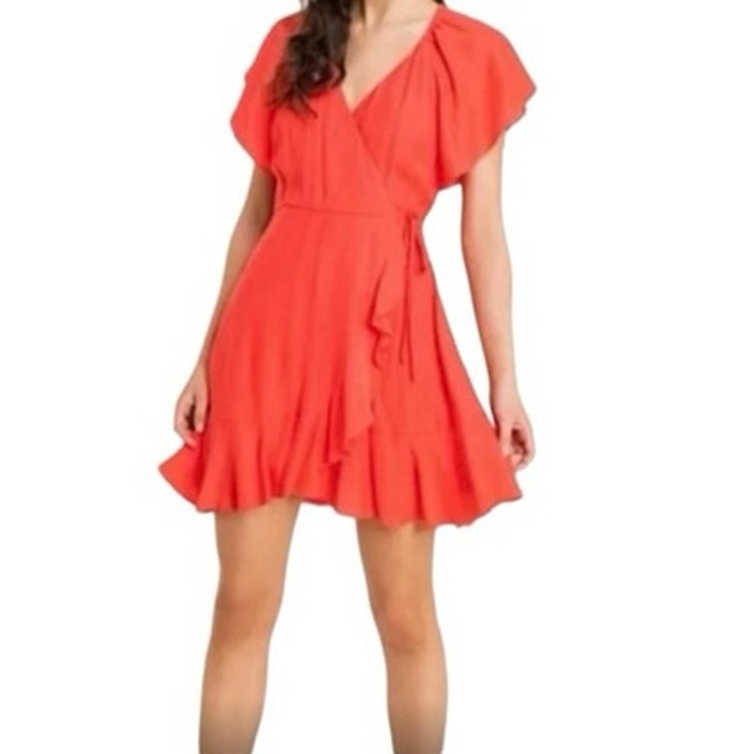 Lush hot coral flutter sleeve wrap Mini dress coquette