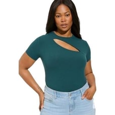 4X 26W Torrid Teal Rib Crew Neck Asymmetrical Cut Out Tee Super Soft Fitted NWT