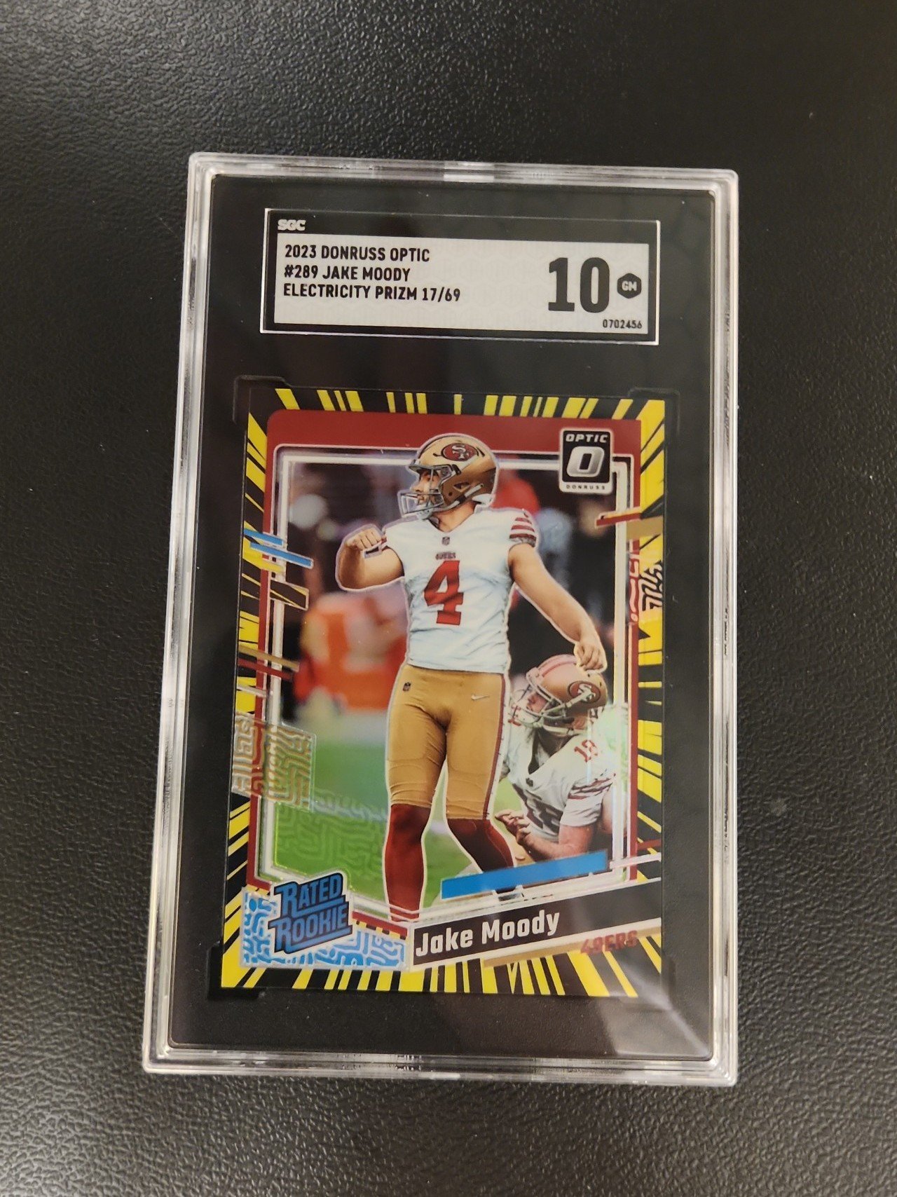 2023 Optic #289 - Rated Rookie Electricity Prizm 17/69 - Jake Moody RC - SGC-10