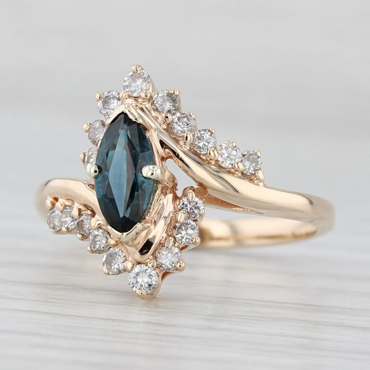 1ctw Marquis Blue Sapphire Diamond Bypass Ring 14k Yellow Gold Size 6.75