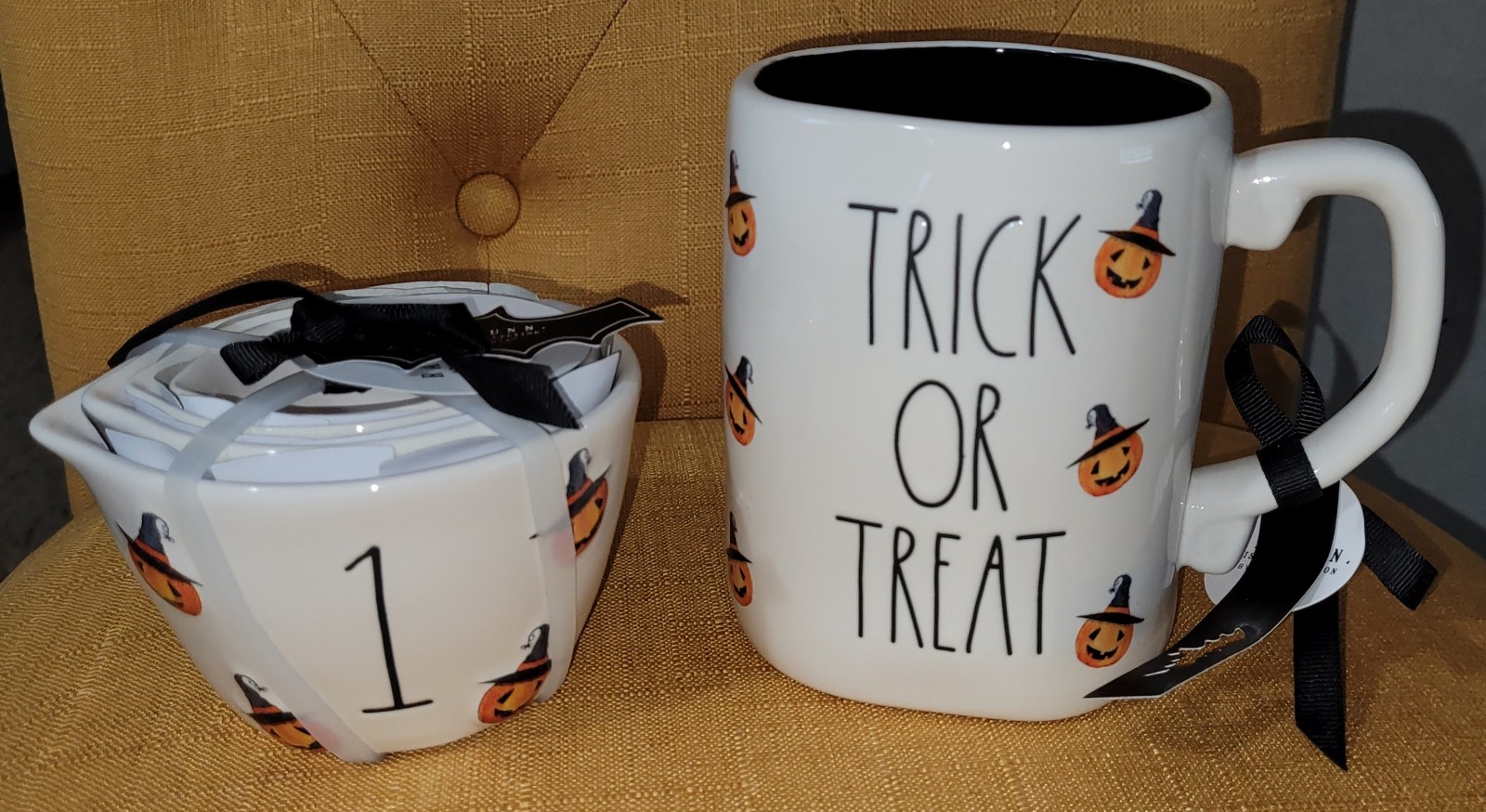 Rae Dunn Halloween witch pumpkins measuring cups and matching mug