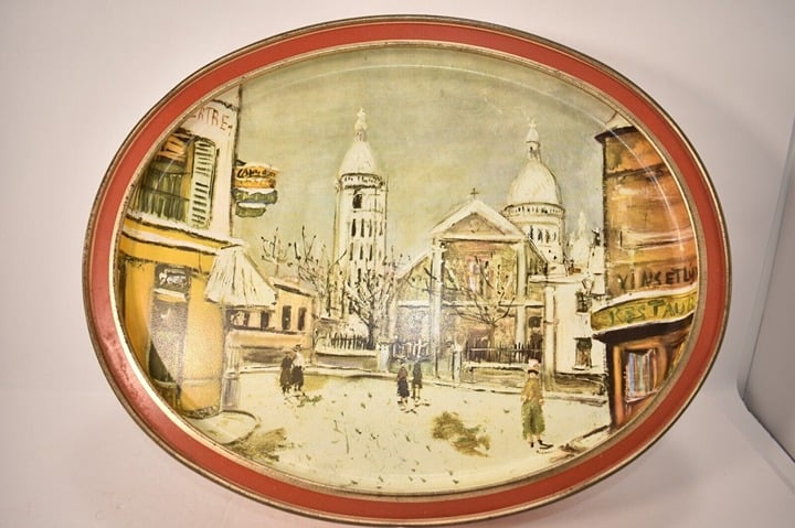 VINTAGE SUNSHINE BISCUIT OVAL TIN WITH SERVING TRAYS MAURICE UTRILLO ARTWORK