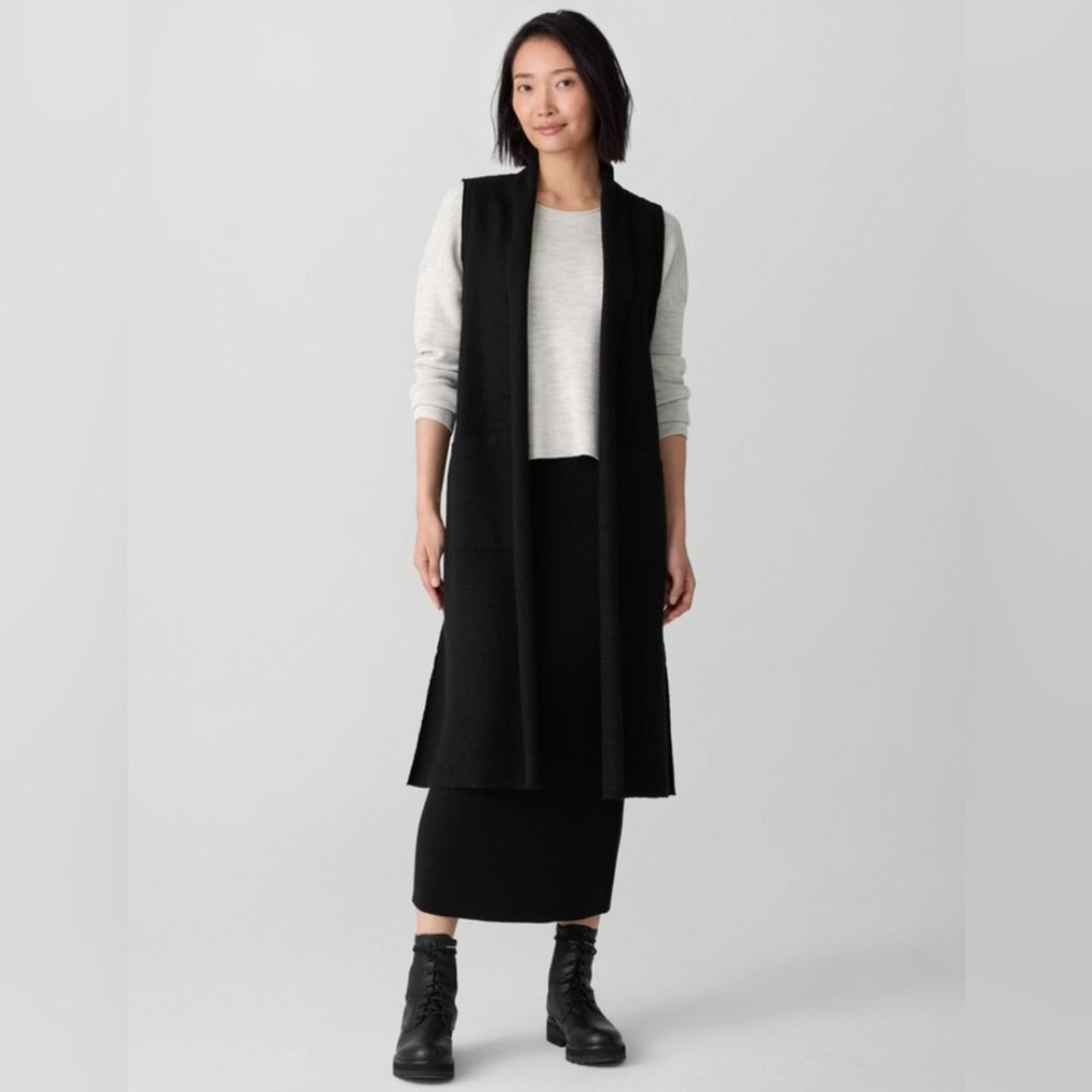 Boiled Black Sleeveless Long knit Vest - Eileen Fisher