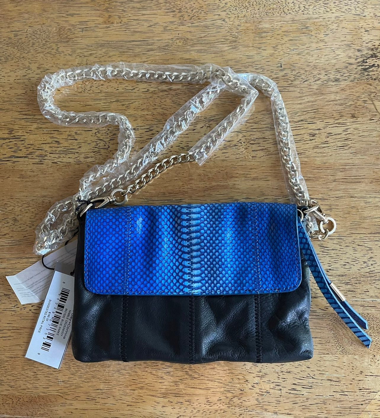 Foley+Corinna blue snake crossbody