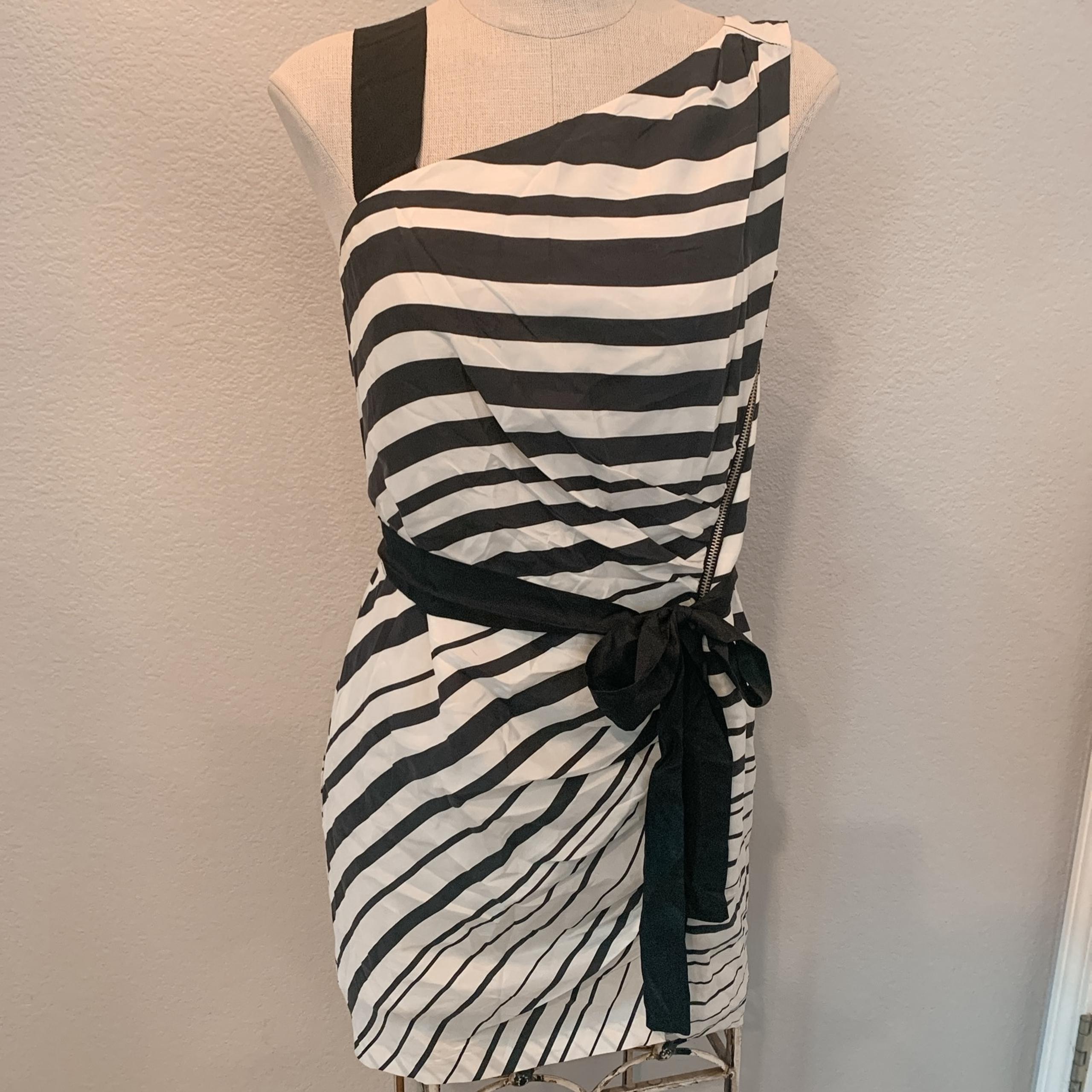 Cynthia Steffe 100% Silk Sleeves Black White Striped Dress Ruched Waist Size 4