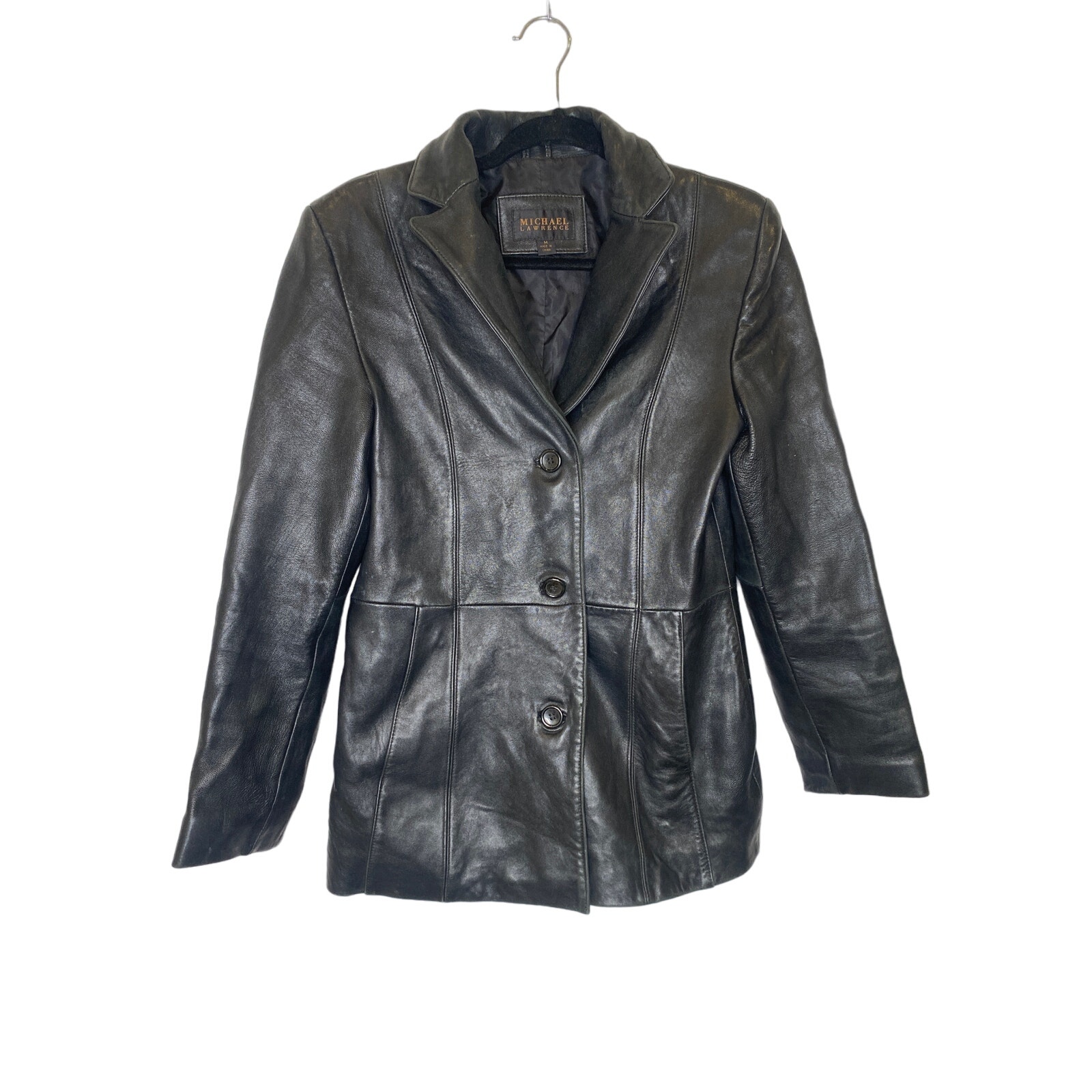 Michael Lawrence Button Down Women’s Leather Jacket Sz S Vintage Black Lined VTG