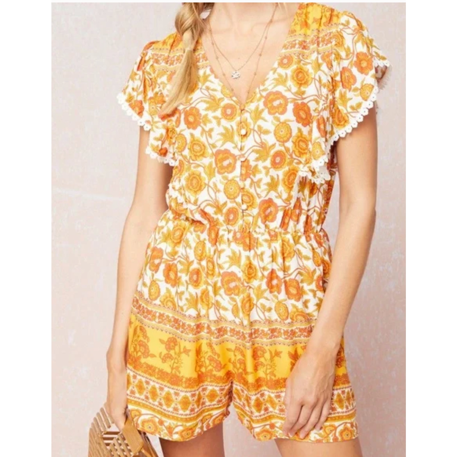 Entro Womens Orange Gold Floral Playsuit Romper Elastic Waist Size Small NWT