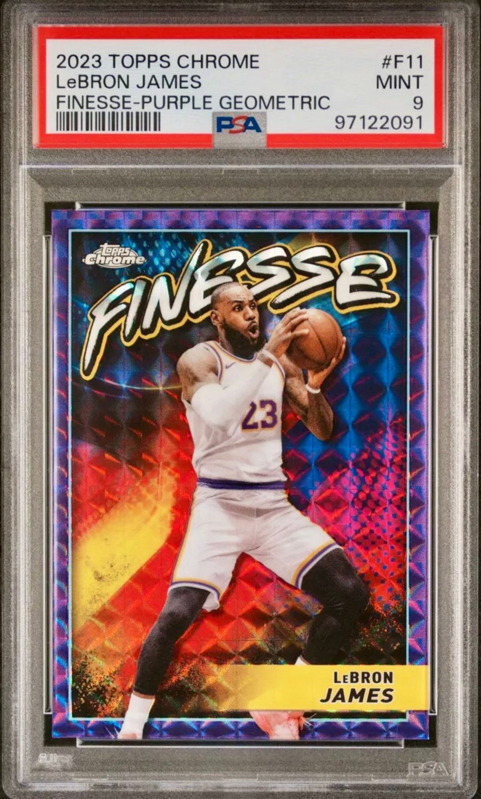 2023 TOPPS CHROME FINESSE PURPLE GEOMETRIC #F11 LEBRON JAMES PSA 9 MINT LAKERS