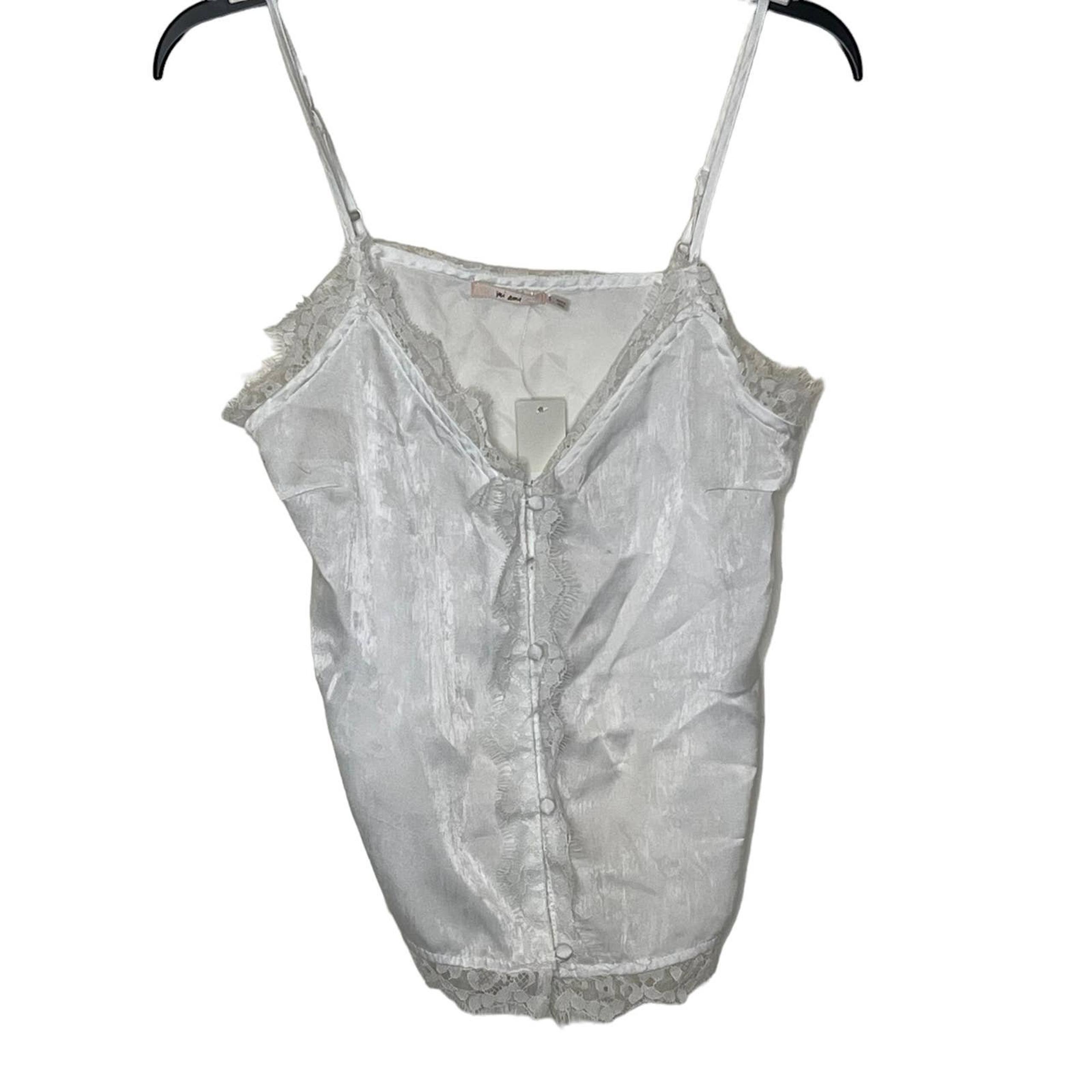 Francesca Mi Ami White Lace Trim Cami Tank Top Strappy Front Button Women Small
