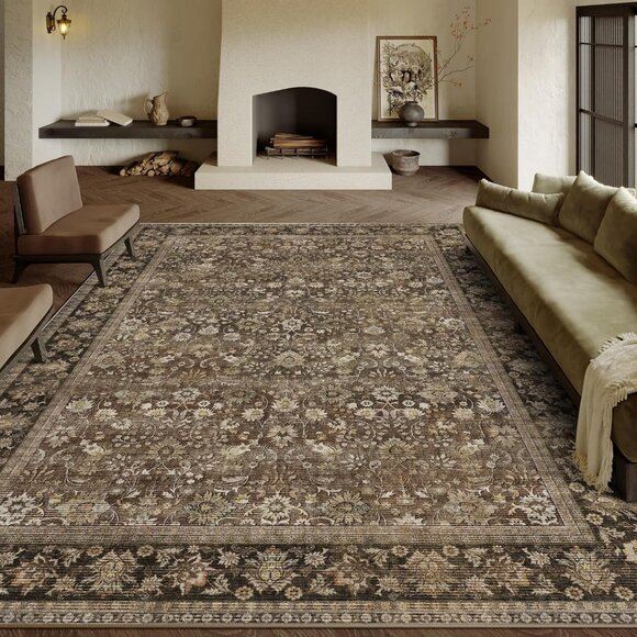 New 5x7 Brown Washable Rug, Floral Low-Pile Non-Slip Carpet for Home & Room