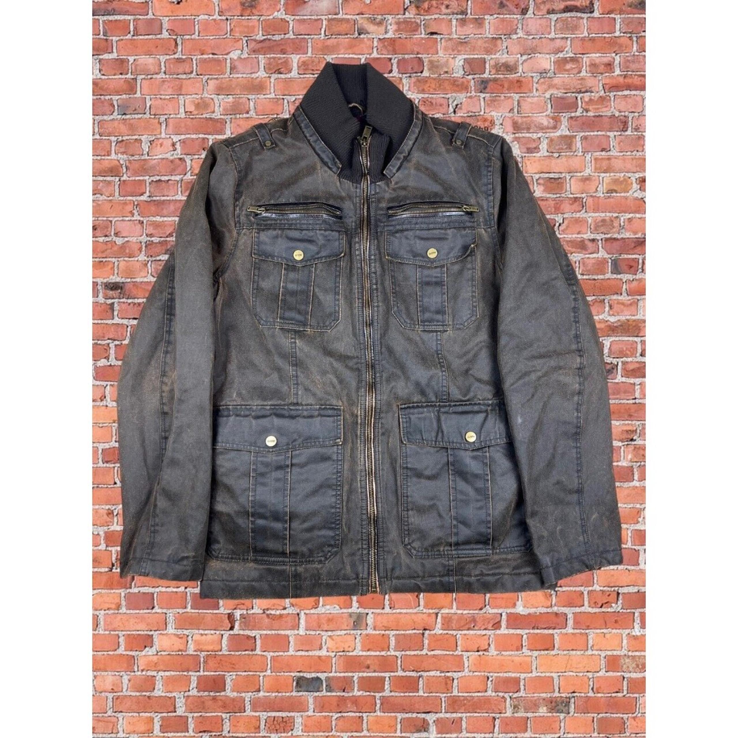 Guess Men's Faded Brown Faux Leather Motorcycle Moto Jacket Size Small