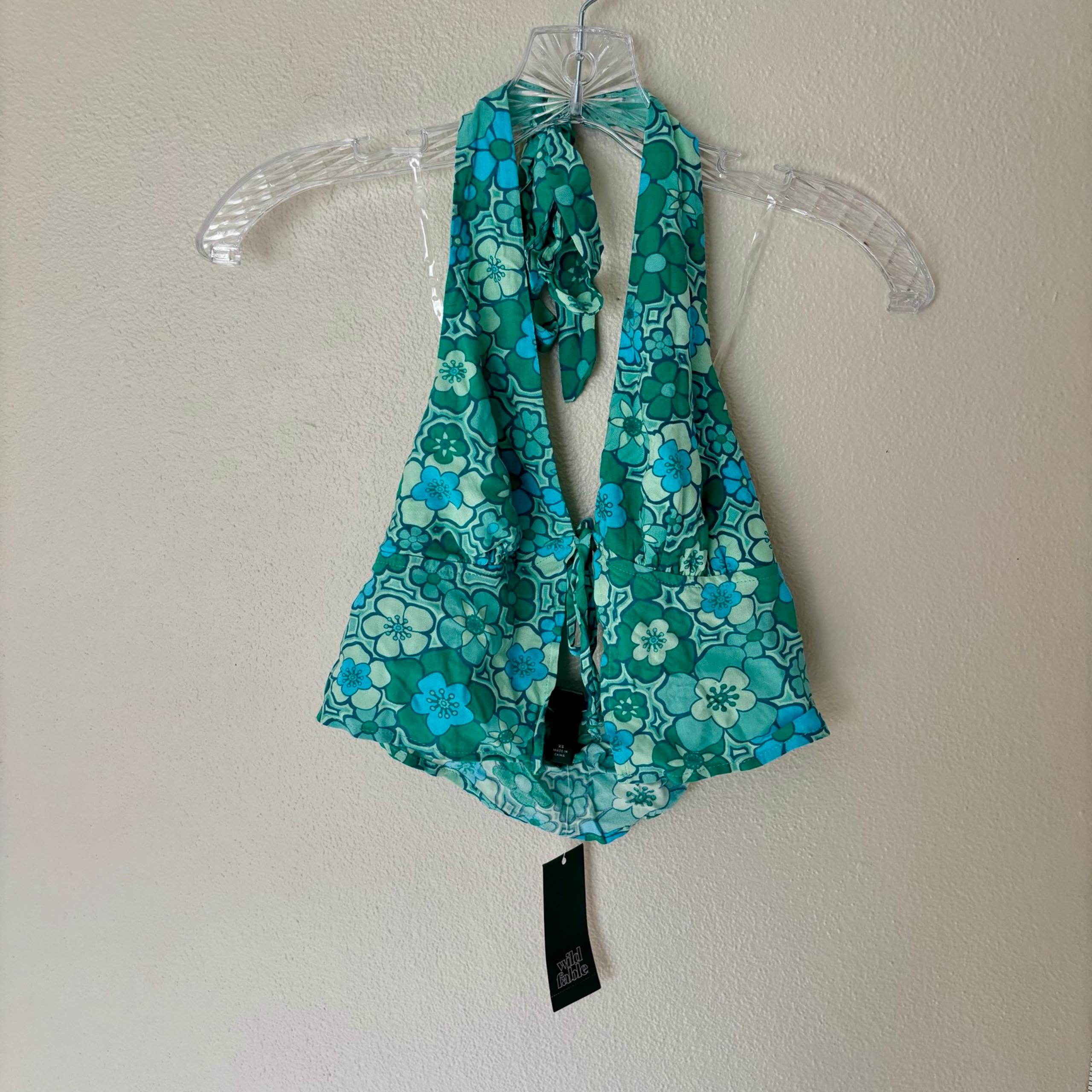Wild Fable Women's Juniors Size XS Green Floral Halter Crop Top Tie Front NEW
