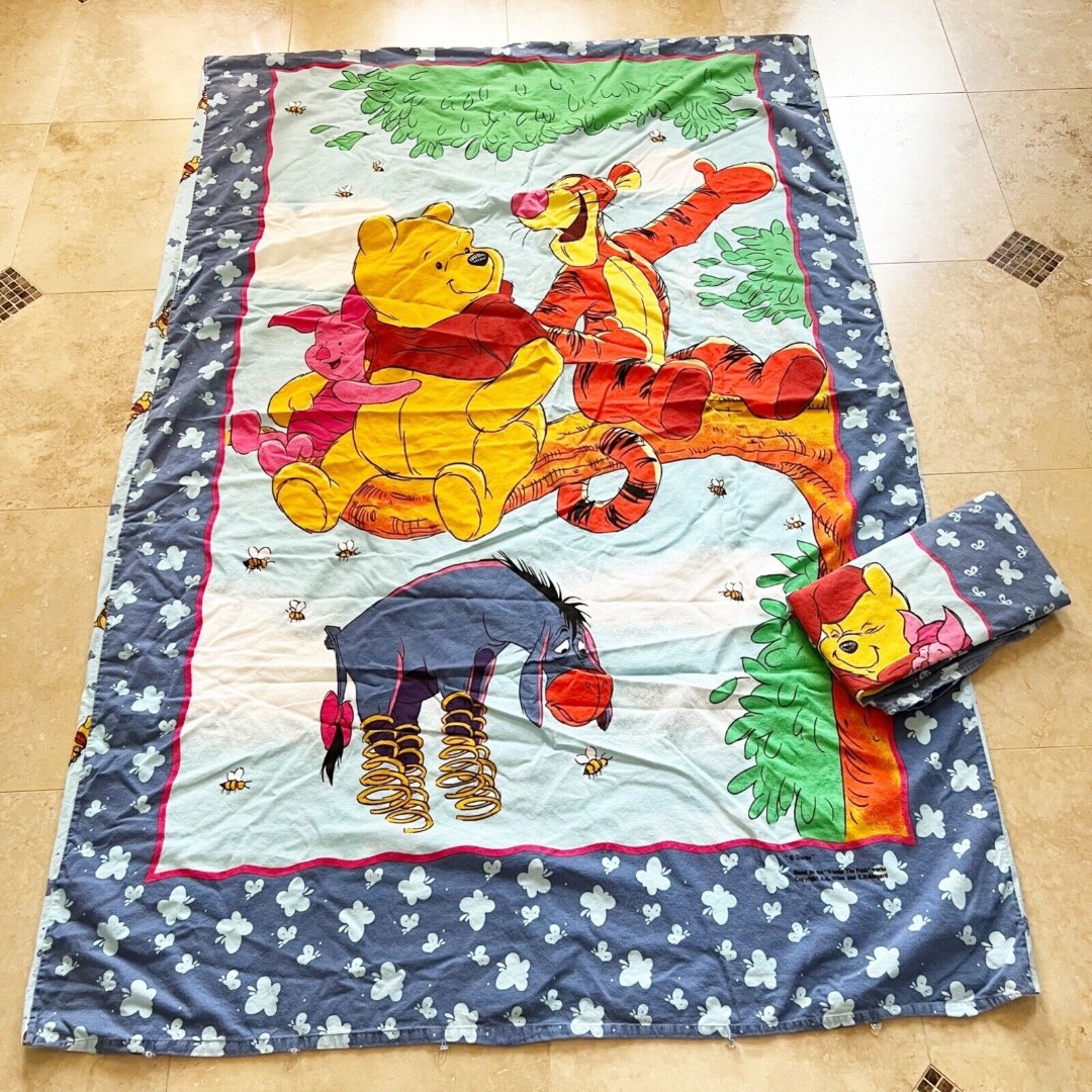 Vtg 80s Disney Winnie the Pooh Duvet Cover & Euro Sham Flannel Piglet Tigger