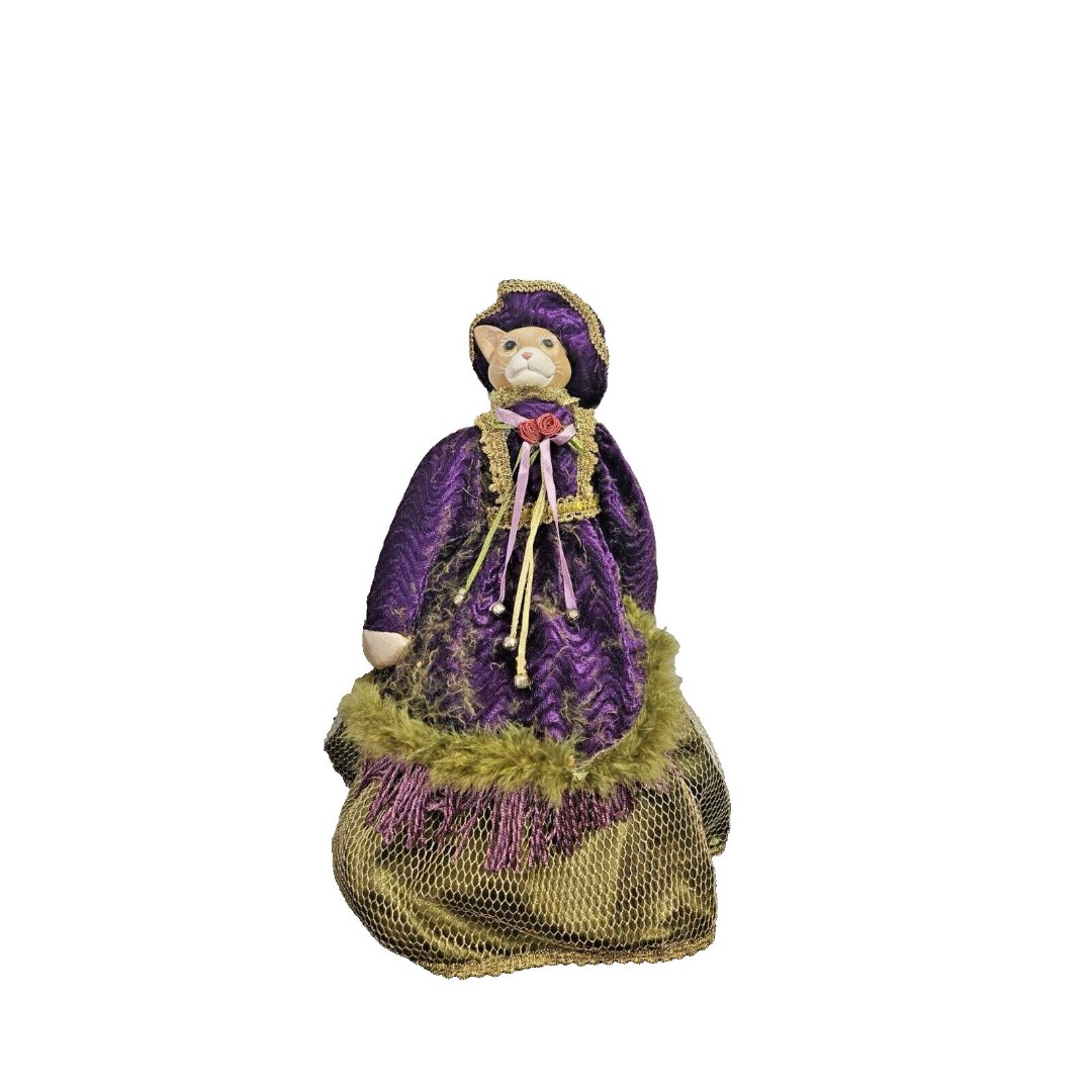 Vintage Victorian Style Cat Figurine Doll Purple & Golden Dress Collectible 16