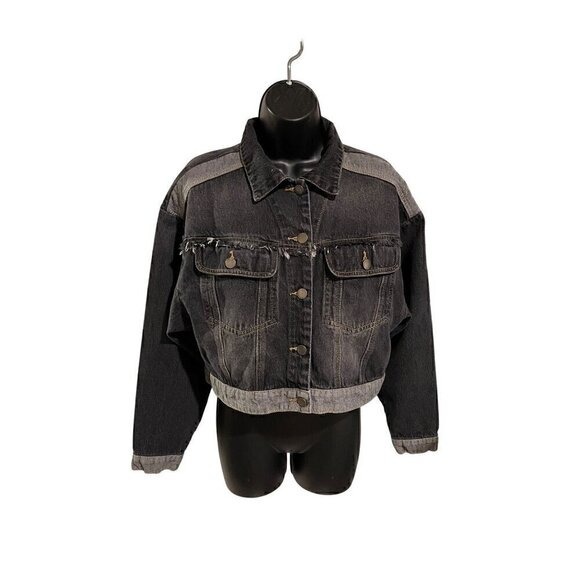 Shein Womens Cropped Black Denim Small Jacket Frayed Hem Contrast Paneling