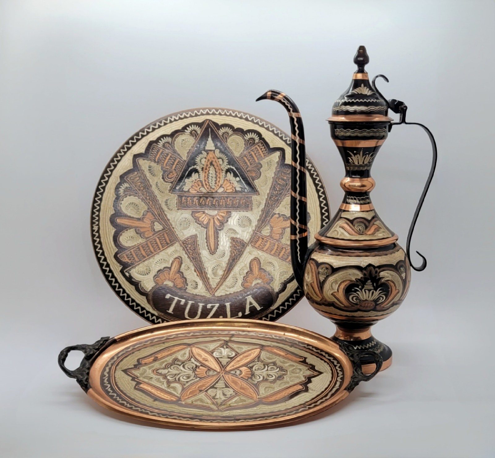 Vintage Decorated Etched Copper Tray, Platter, and Tea Pot from Turkey & Bosnia