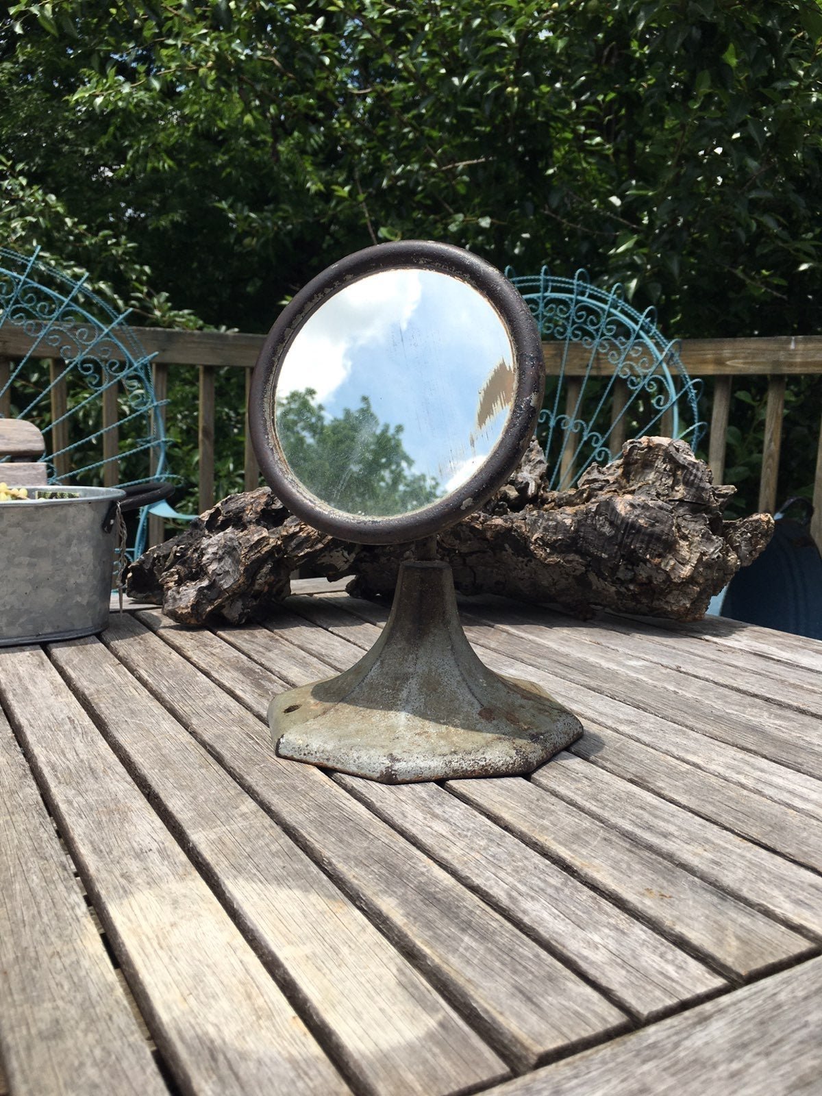 Antique Cast Iron Desktop Mirror Round w/Pedestal Base Swivel Arm Circa 1910