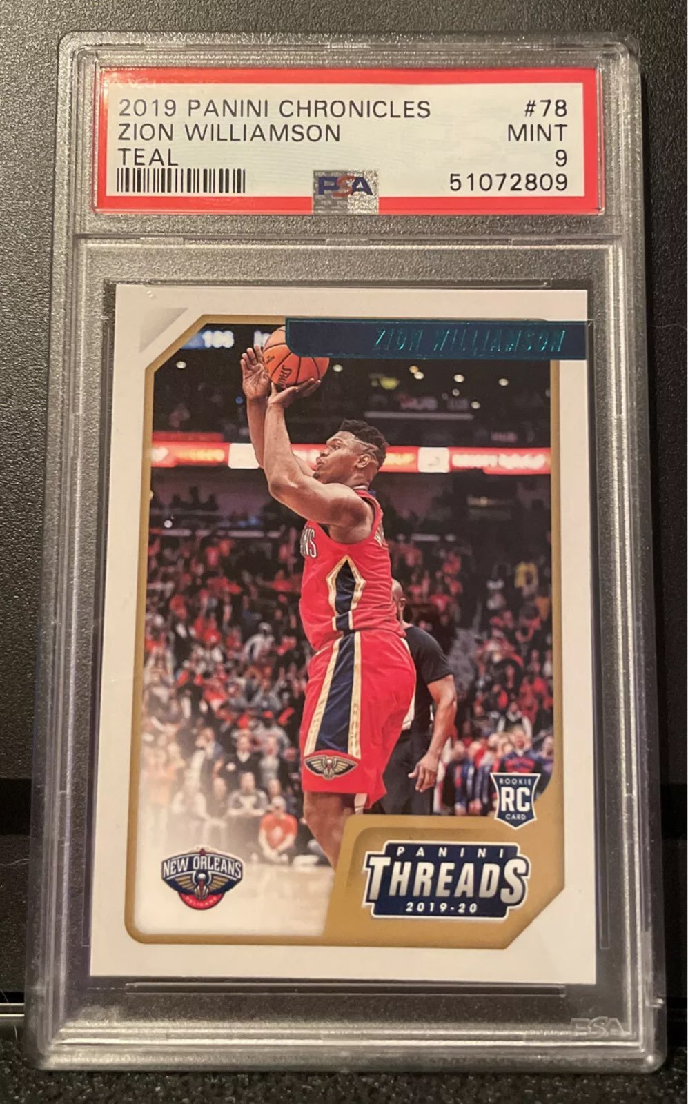 Zion Williamson 2019-20 Panini Chronicles Threads Teal Rookie Card PSA Mint 9