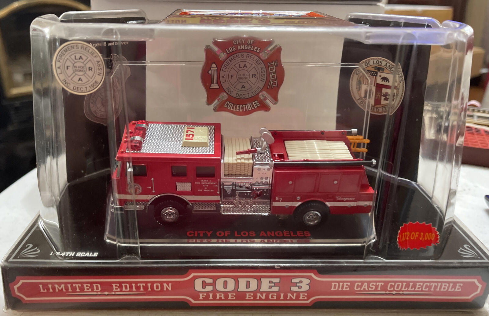 Code 3 - 1/64 ~ Los Angeles City, CA Firemans Relief Memorial Seagram E57 - MIB