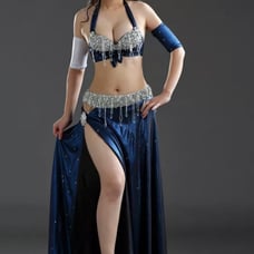 A gorgeous Halloween costume with crystal detailing! Blue and Silver belly dance
