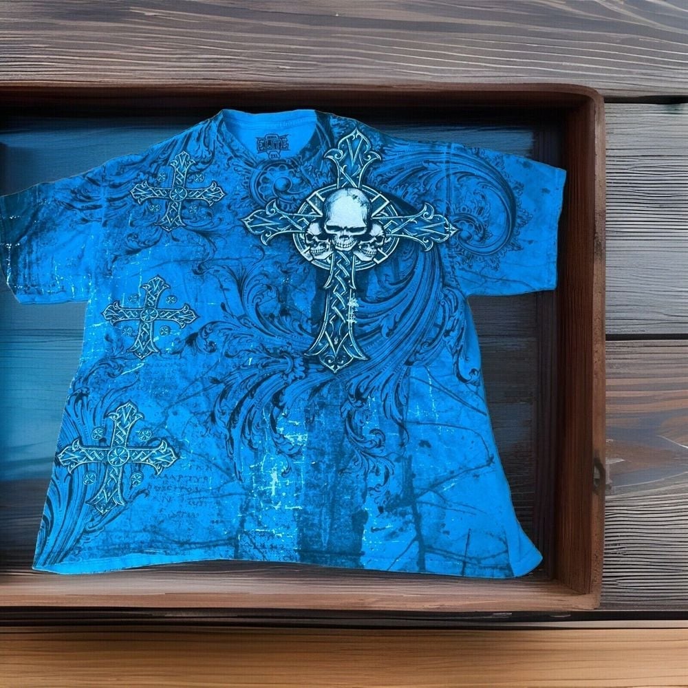 MMA Elite Shirt Mens Blue Wings Cross Y2K All Over Print Skull 90s Size 2XL XXL