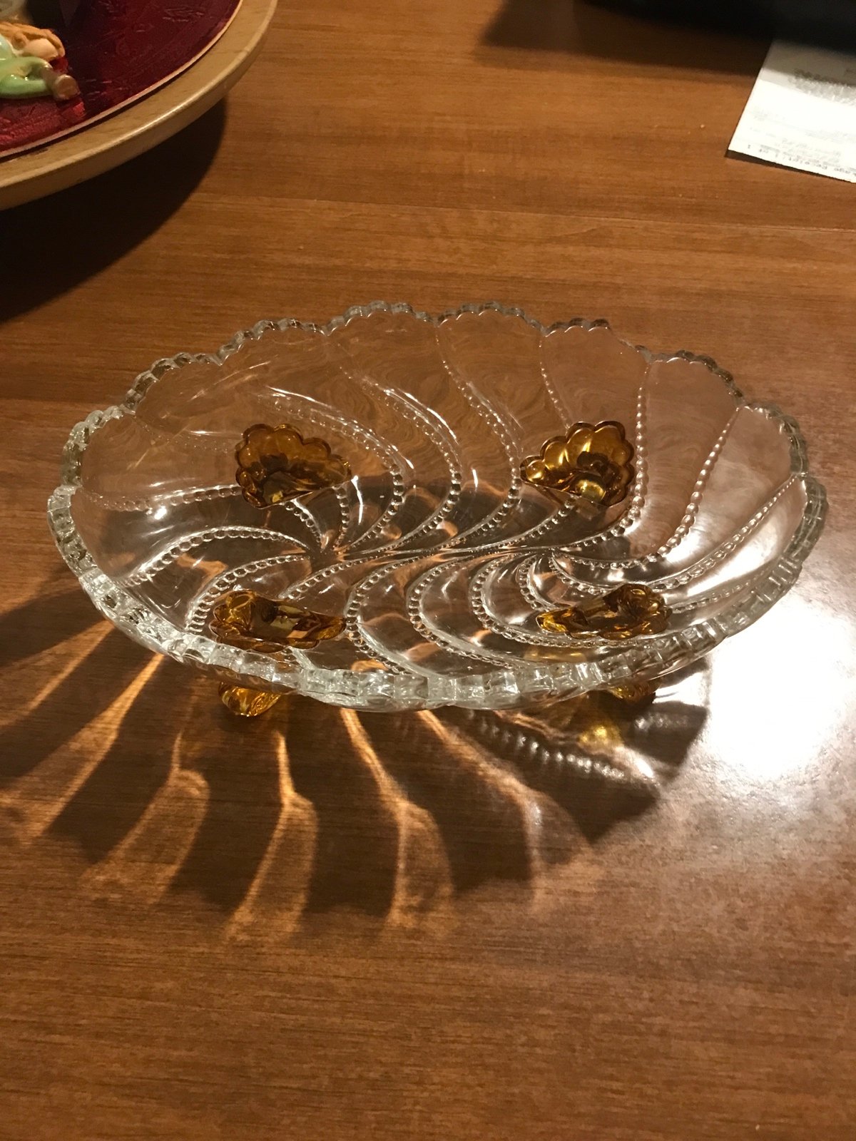 VTG Glass candy dish with amber legs