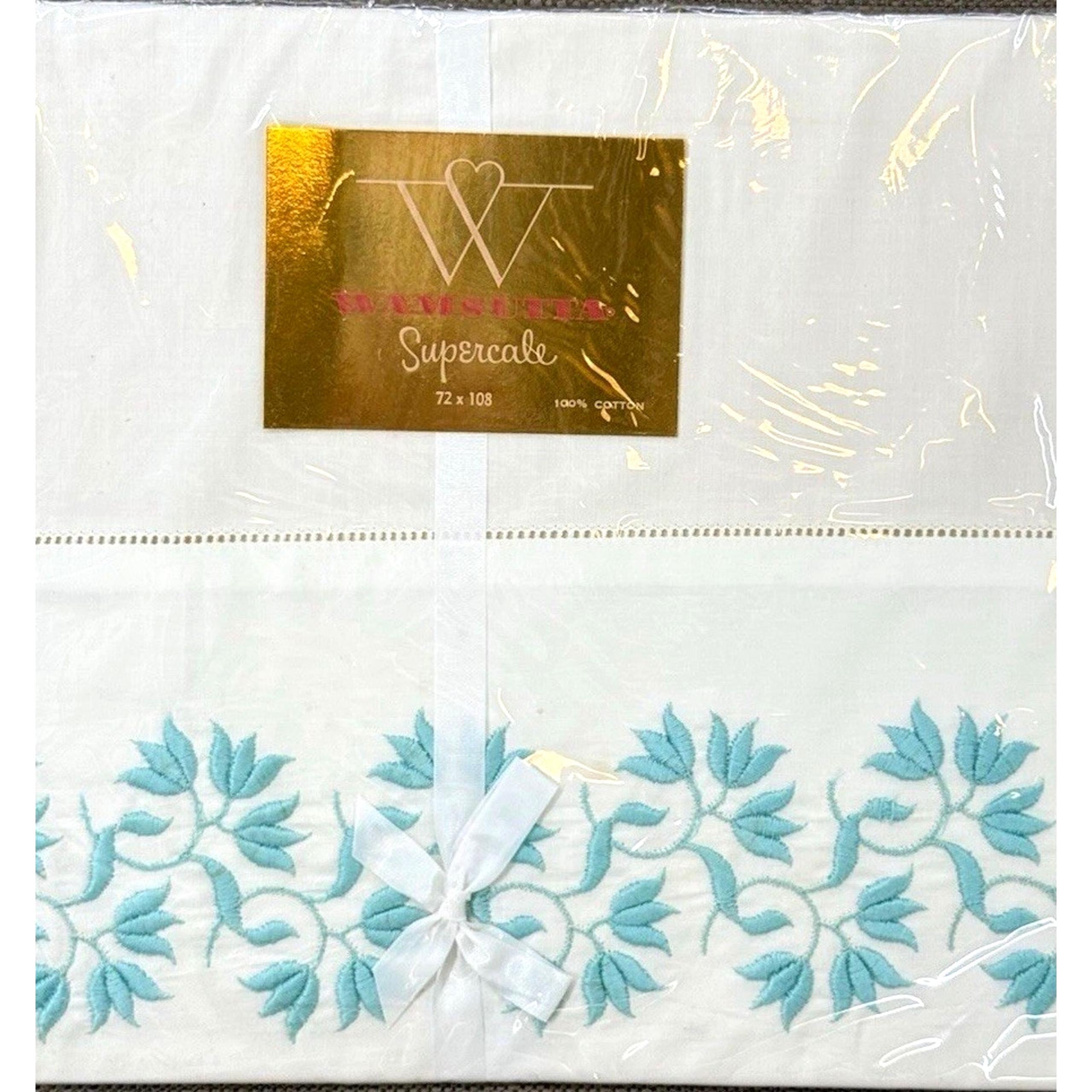 Vintage Wamsutta Supercale 72x108 White Flat Sheet Turquoise Embroidery NOS
