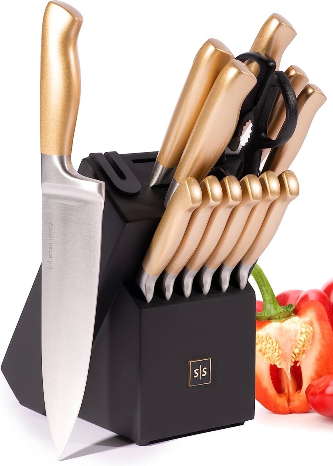 Black and Gold Knife Set With Block - Gold Handle Knife Set with Self Sharpening